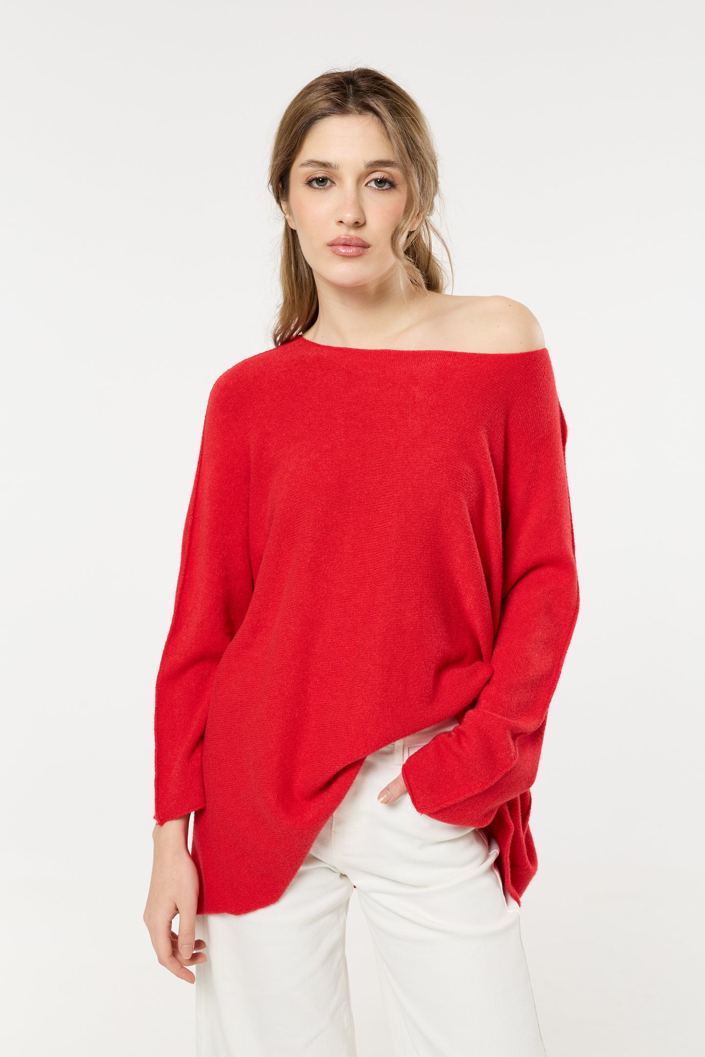 
                  
                    Red Off Shoulder Relaxed Knit Jumper
                  
                