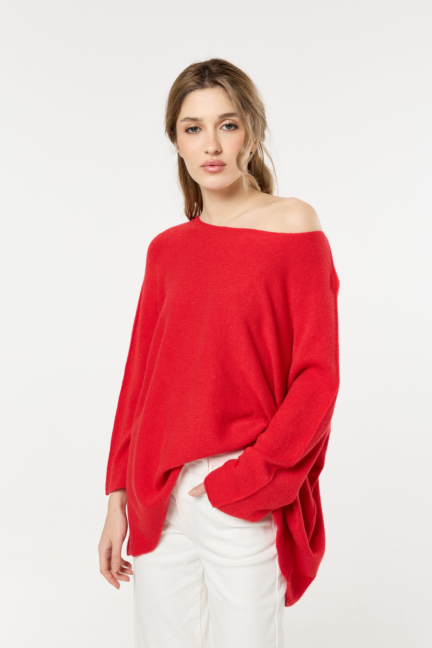 
                  
                    Red Off Shoulder Relaxed Knit Jumper
                  
                