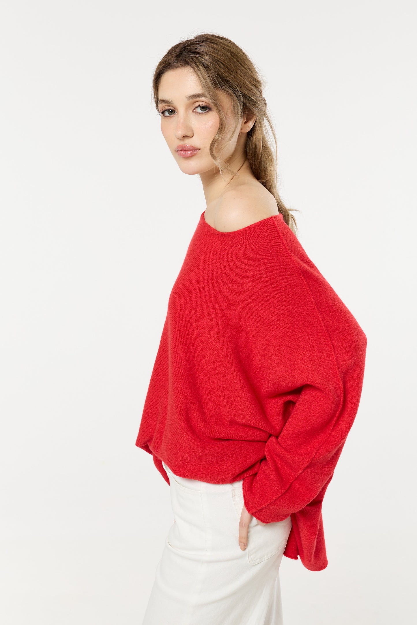 
                  
                    Red Off Shoulder Relaxed Knit Jumper
                  
                