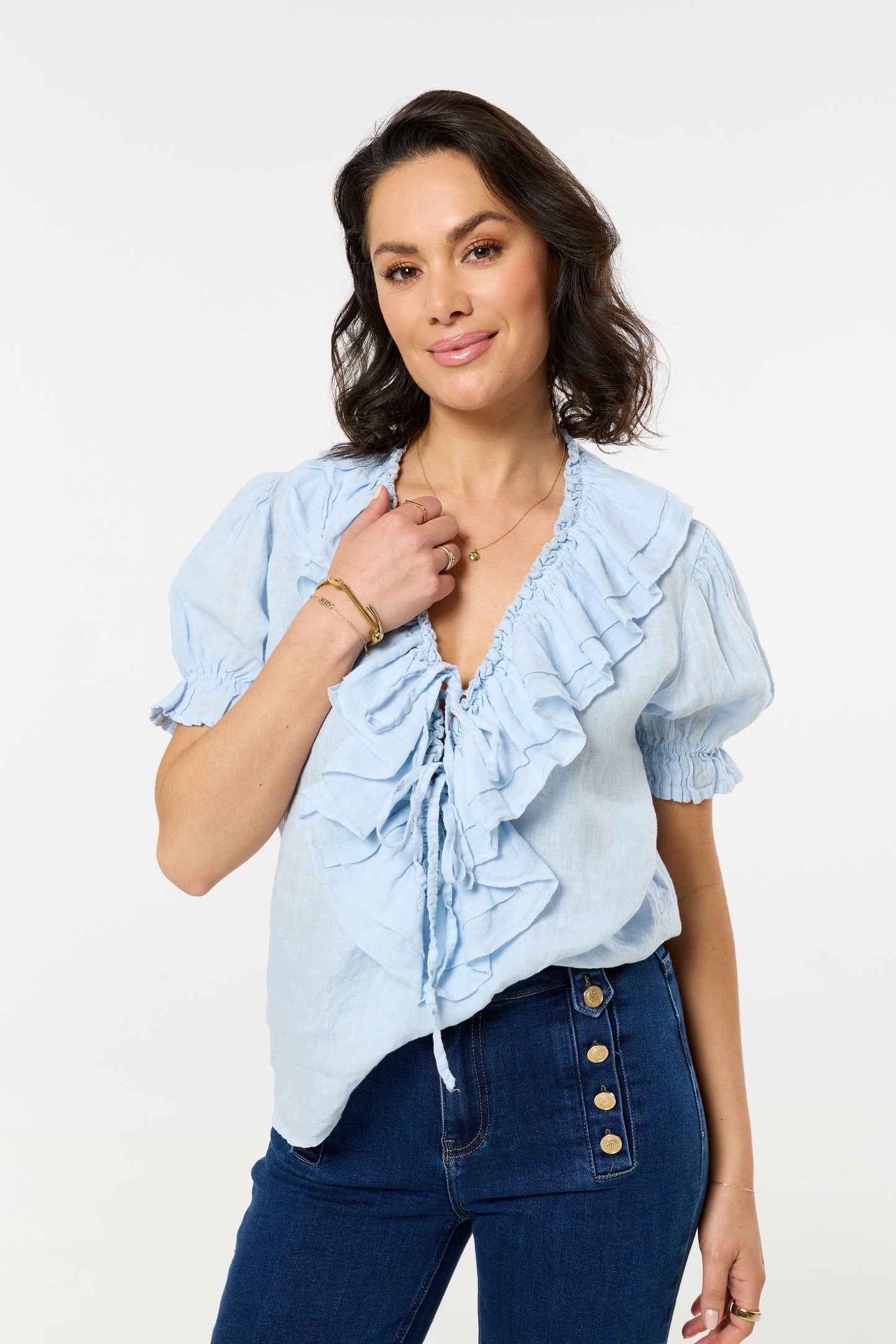 
                  
                    Blue Ruffle Tie Front Linen Blouse
                  
                