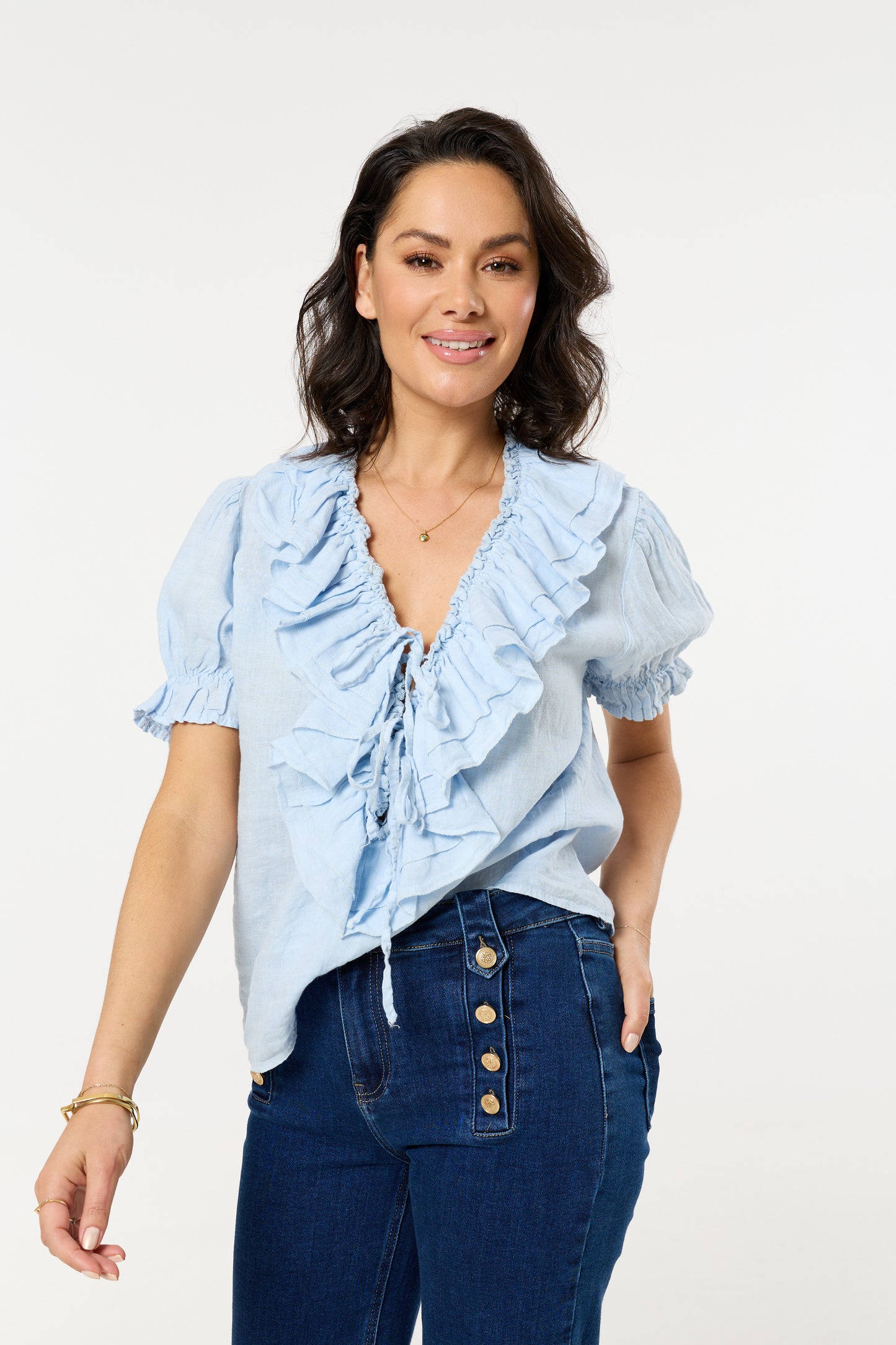 
                  
                    Blue Ruffle Tie Front Linen Blouse
                  
                