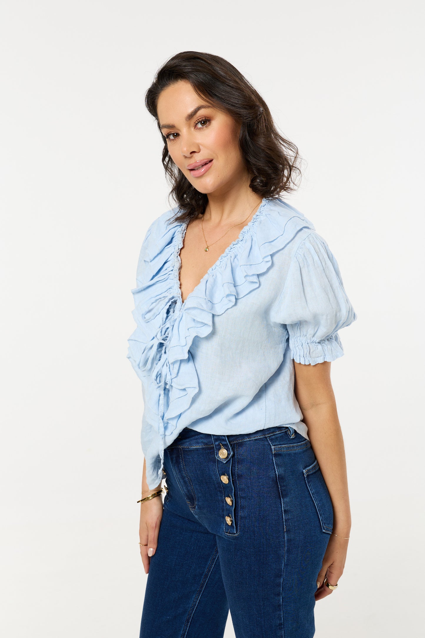
                  
                    Blue Ruffle Tie Front Linen Blouse
                  
                