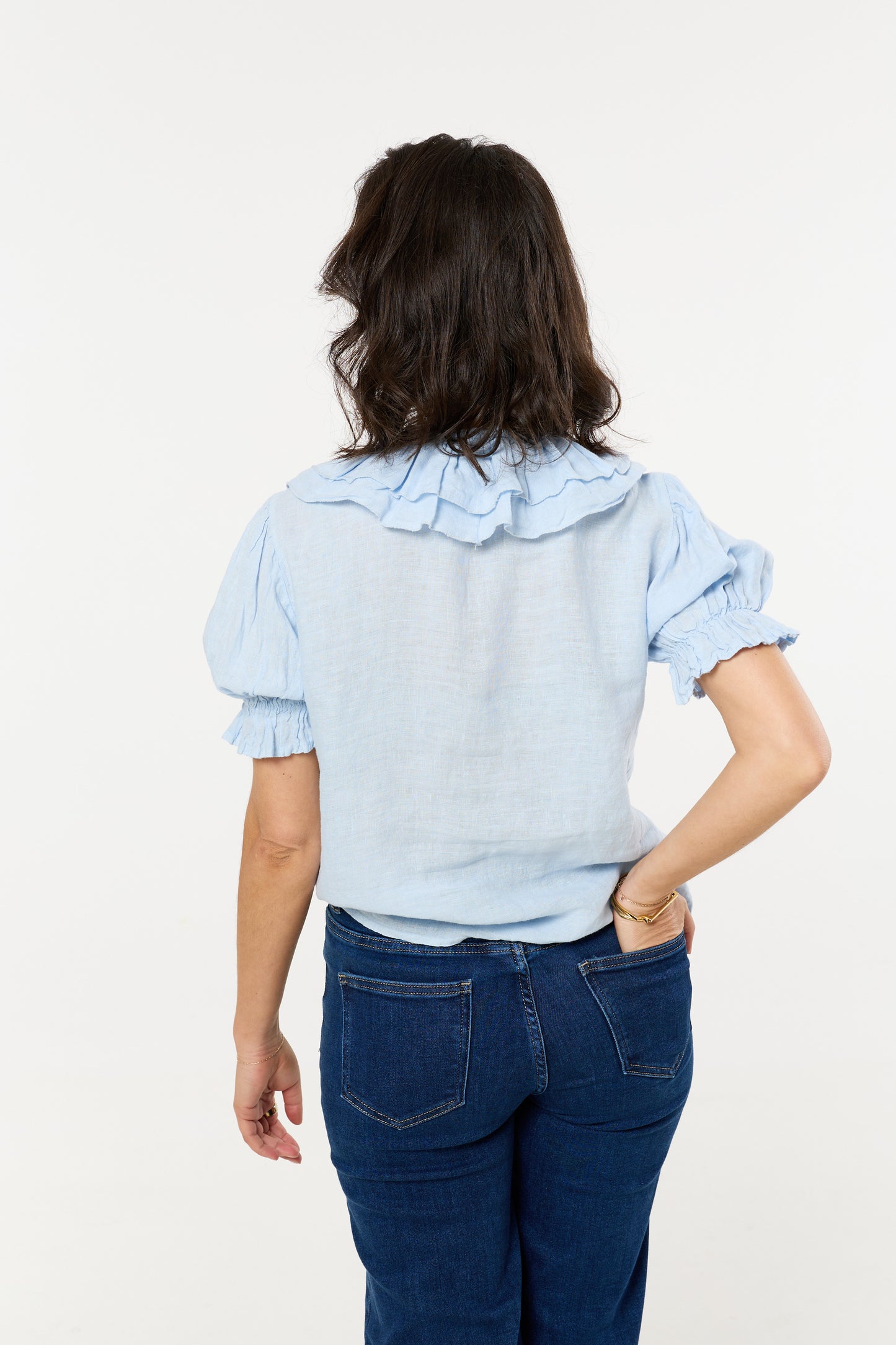 
                  
                    Blue Ruffle Tie Front Linen Blouse
                  
                