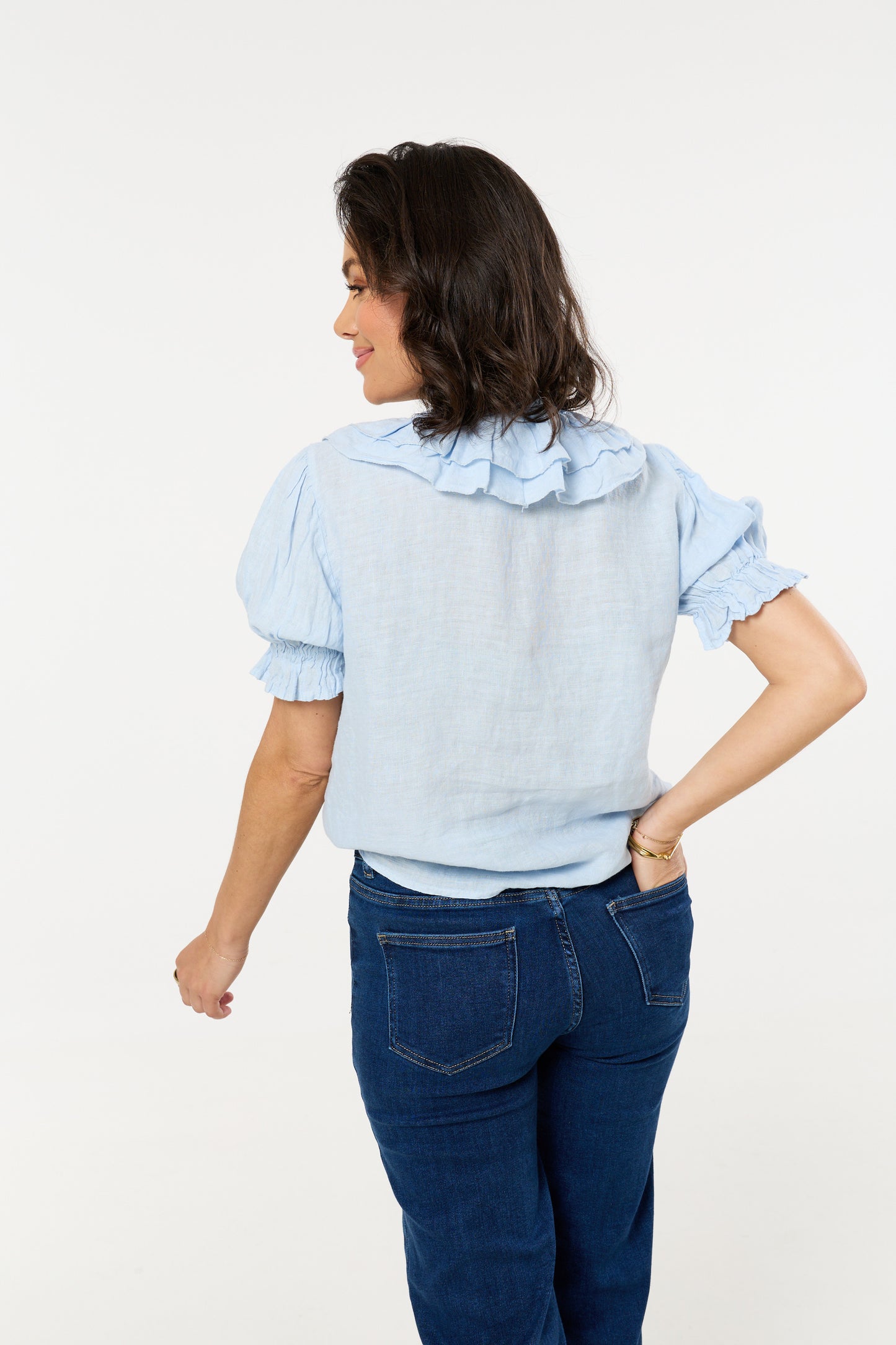 
                  
                    Blue Ruffle Tie Front Linen Blouse
                  
                