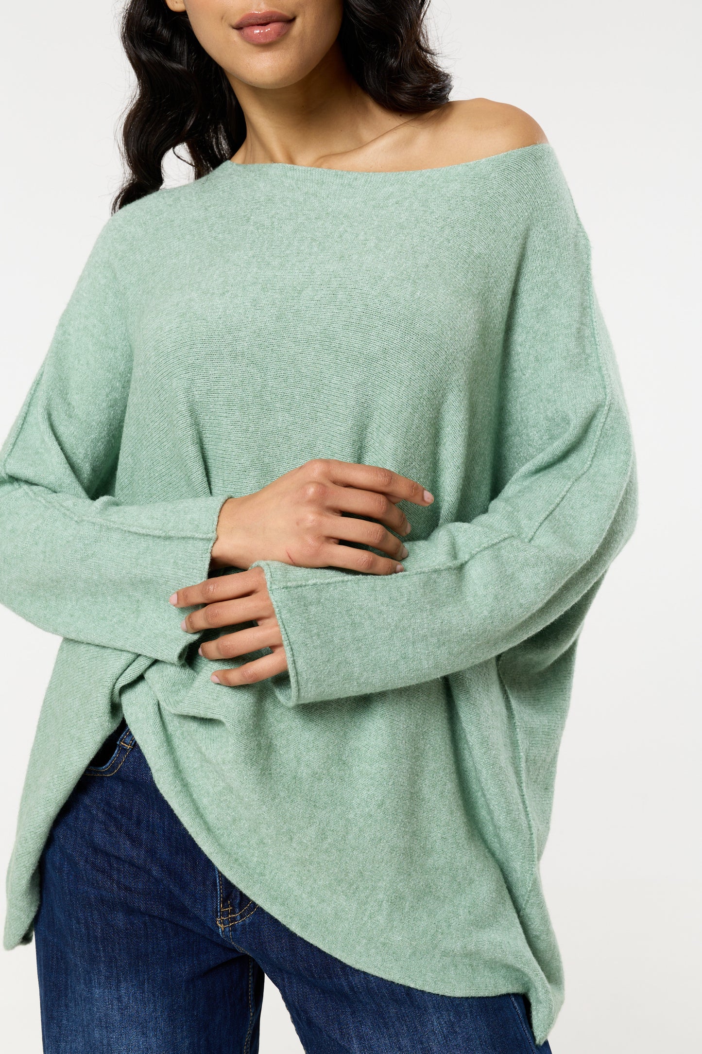 
                  
                    Light Green Off Shoulder Relaxed Knit Jumper
                  
                