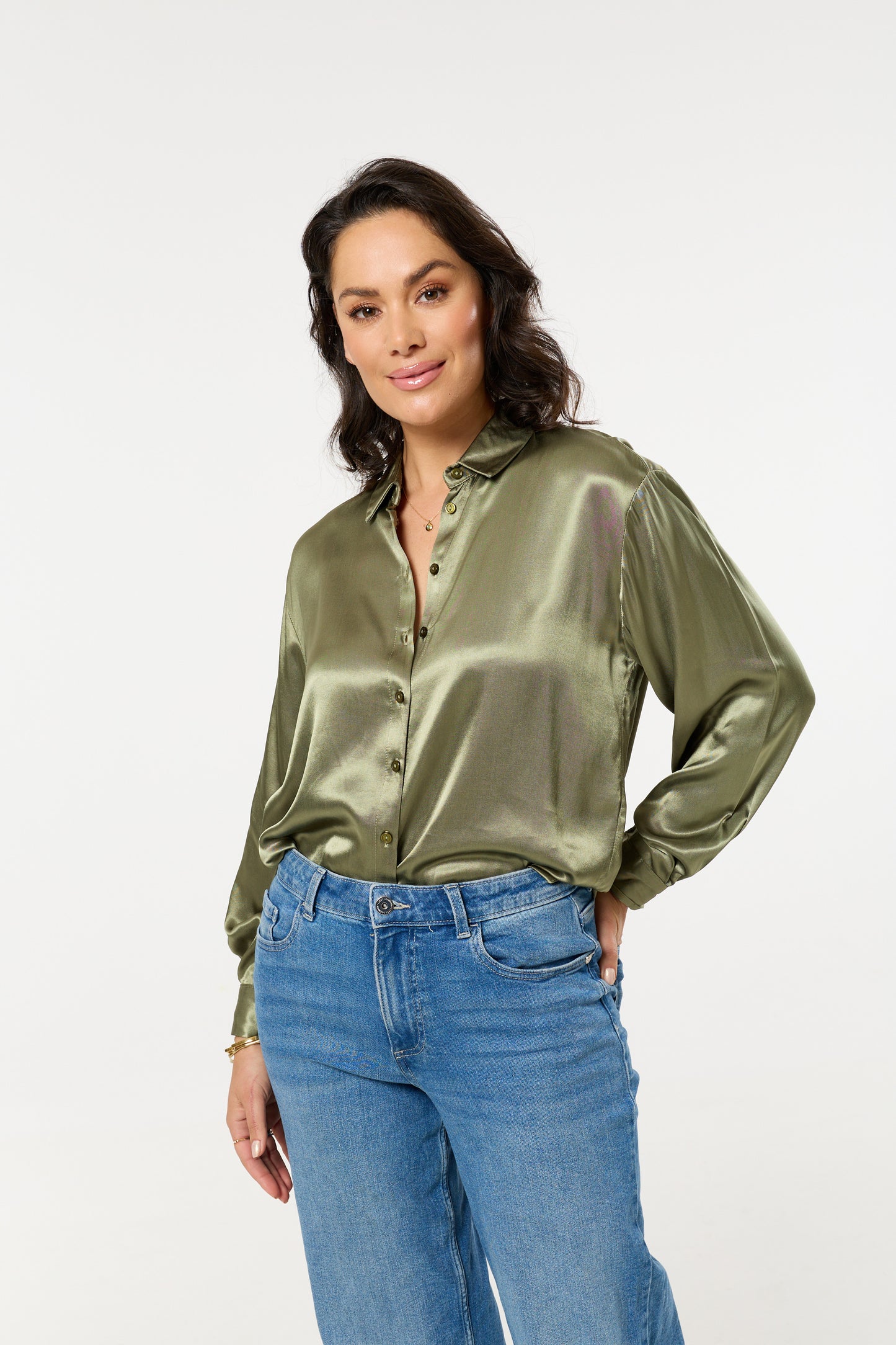 
                  
                    Khaki Satin Long Sleeve Button-Up Shirt
                  
                