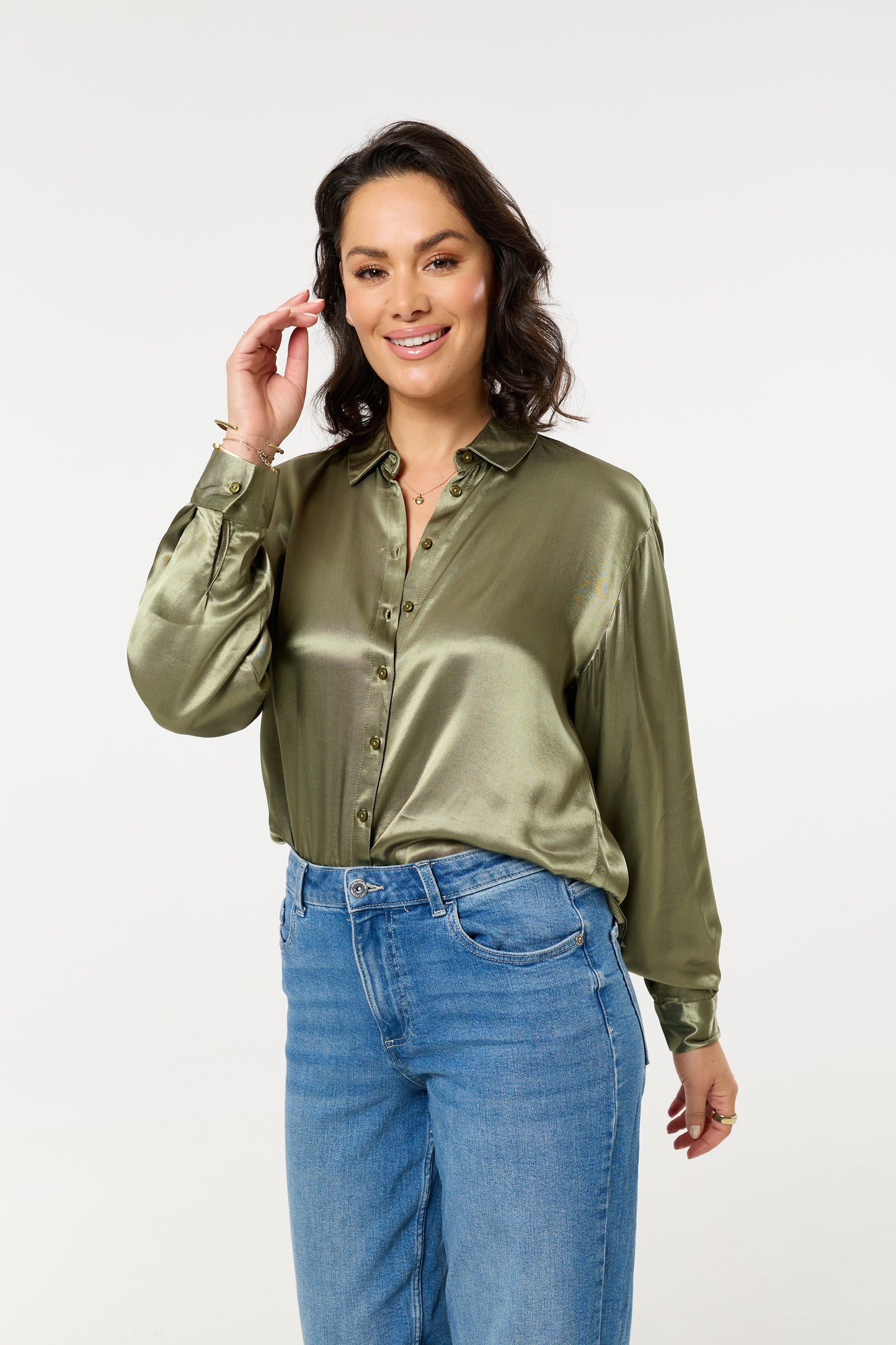 
                  
                    Khaki Satin Long Sleeve Button-Up Shirt
                  
                