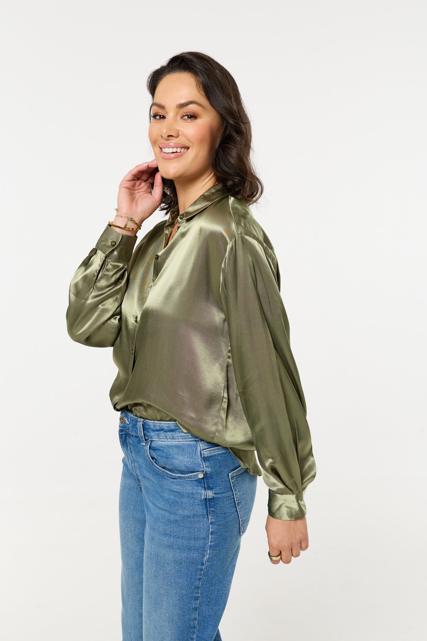 
                  
                    Khaki Satin Long Sleeve Button-Up Shirt
                  
                