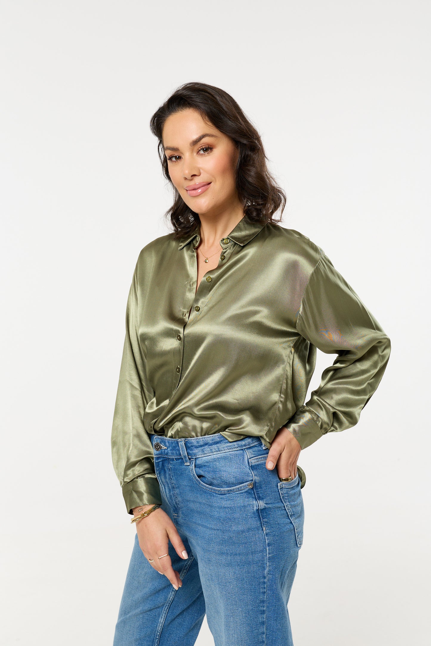 
                  
                    Khaki Satin Long Sleeve Button-Up Shirt
                  
                