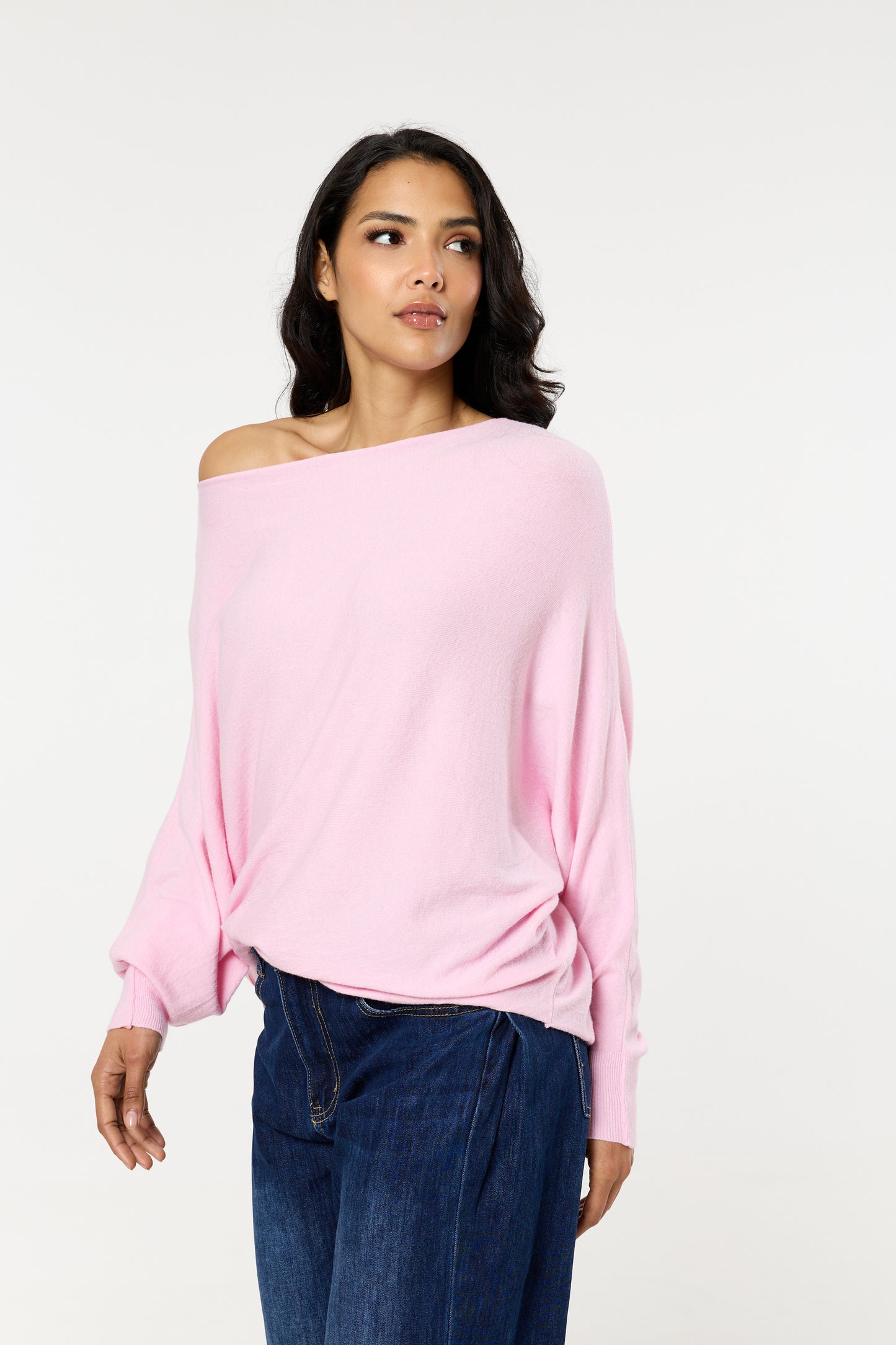 
                  
                    Pink Wool Blend Off Shoulder Batwing Knit Jumper
                  
                
