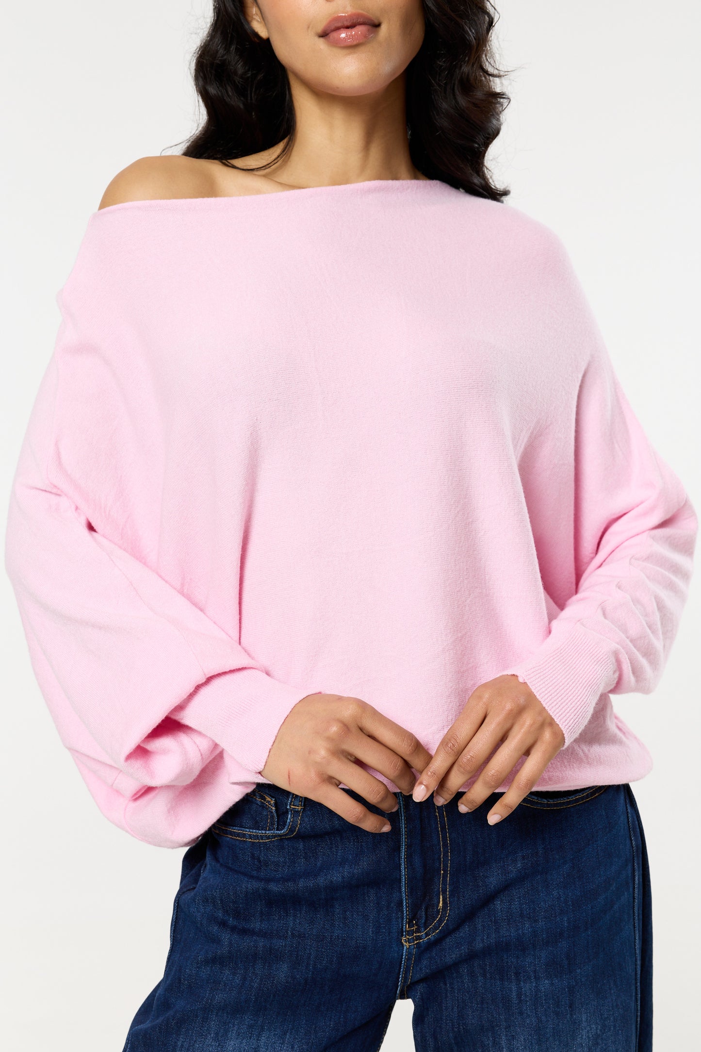
                  
                    Pink Wool Blend Off Shoulder Batwing Knit Jumper
                  
                