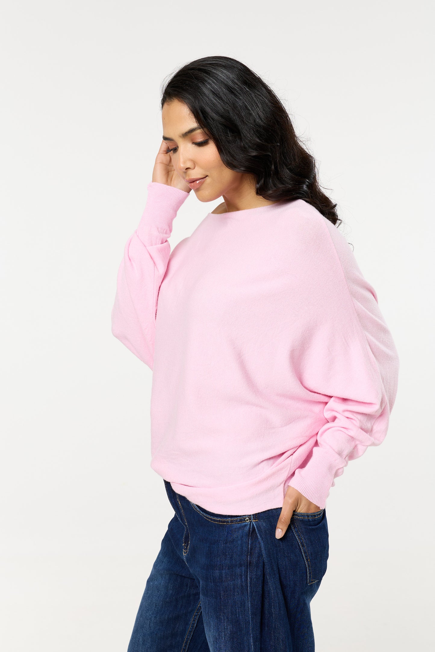 
                  
                    Pink Wool Blend Off Shoulder Batwing Knit Jumper
                  
                
