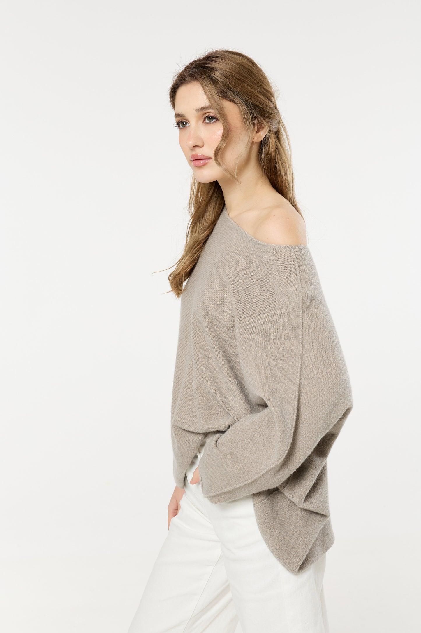 
                  
                    Beige Off Shoulder Relaxed Knit Jumper
                  
                