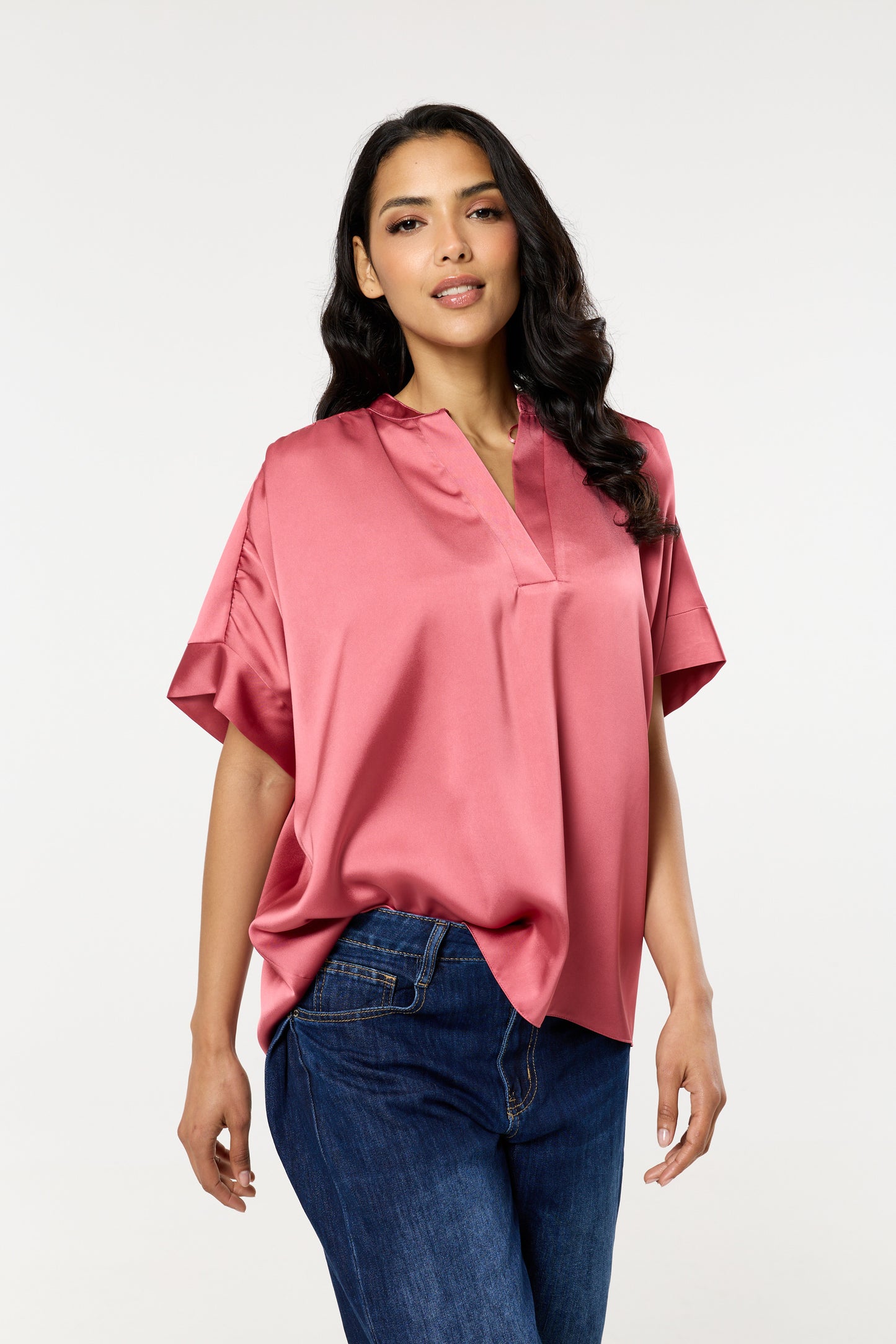 
                  
                    Pink Satin V-Neck Short Sleeve Top
                  
                