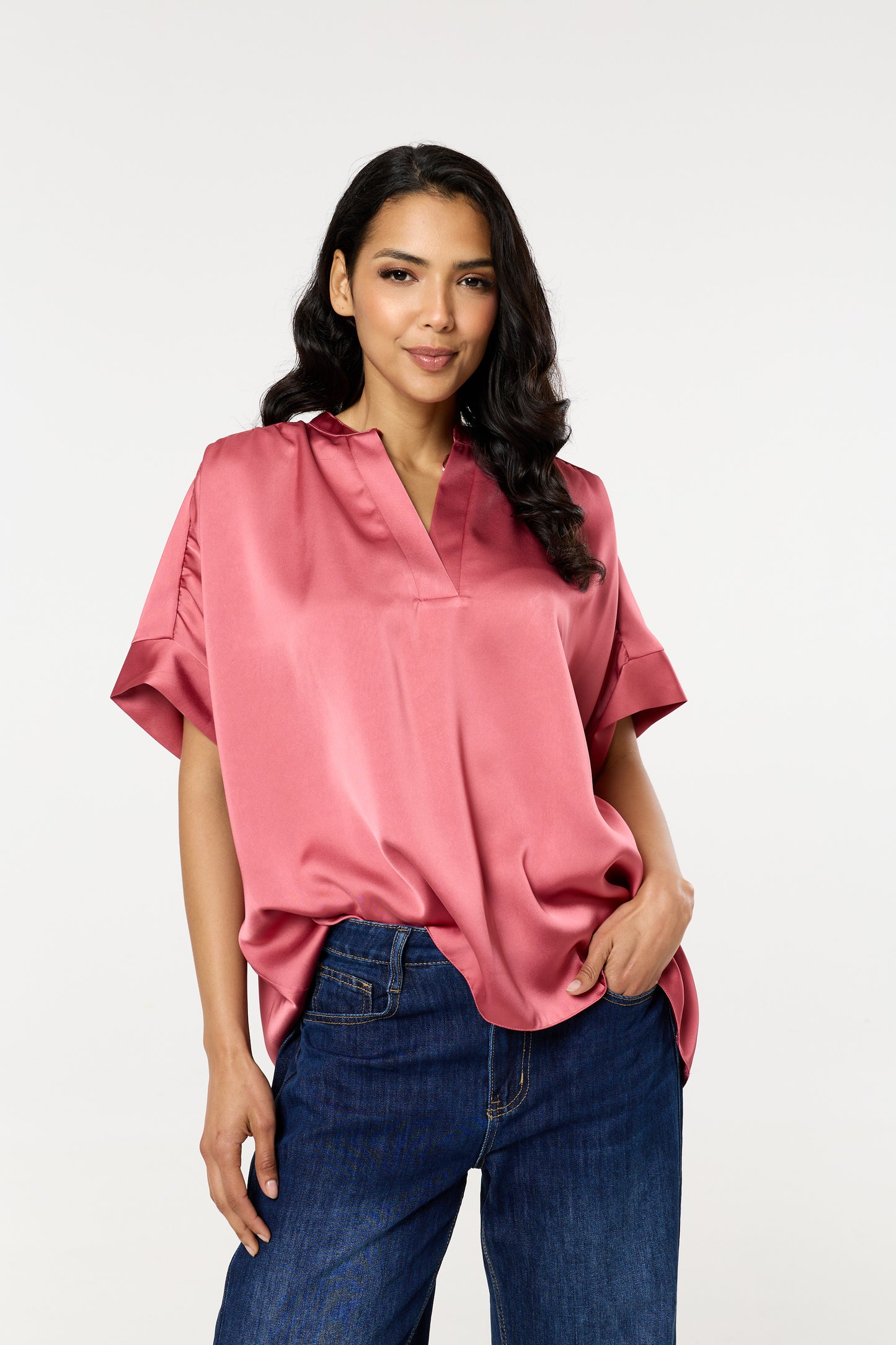 
                  
                    Pink Satin V-Neck Short Sleeve Top
                  
                