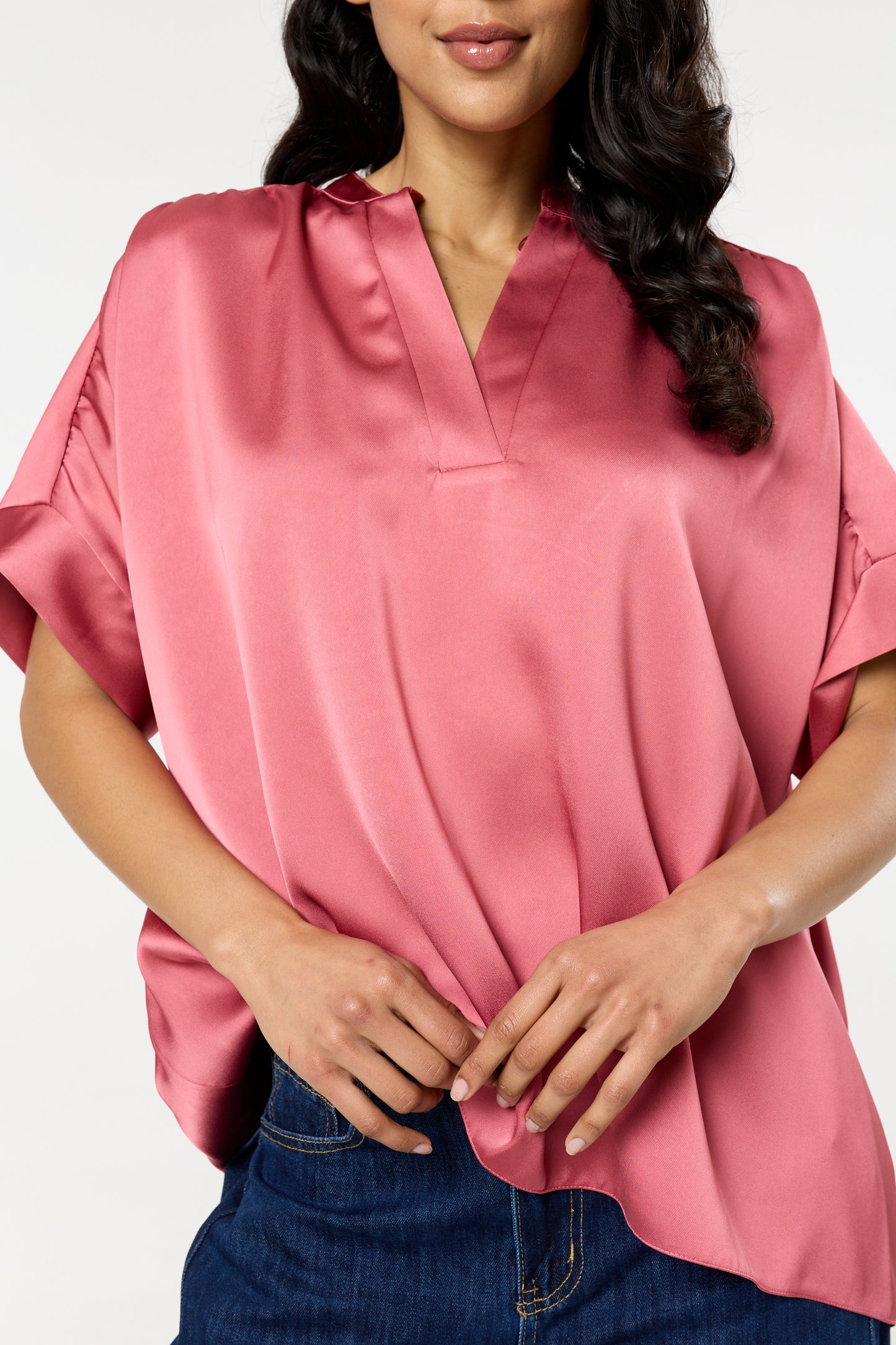 
                  
                    Pink Satin V-Neck Short Sleeve Top
                  
                