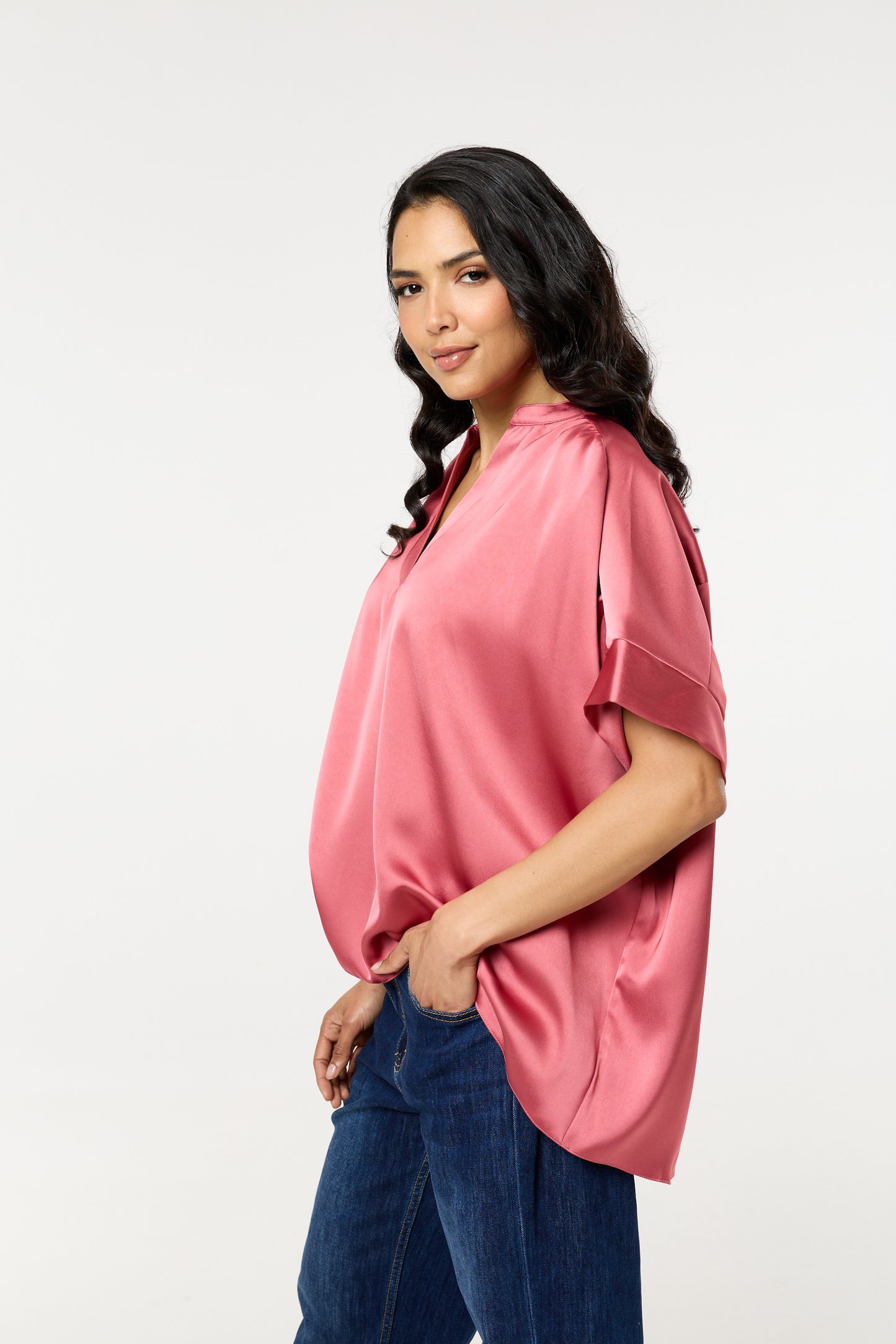 
                  
                    Pink Satin V-Neck Short Sleeve Top
                  
                