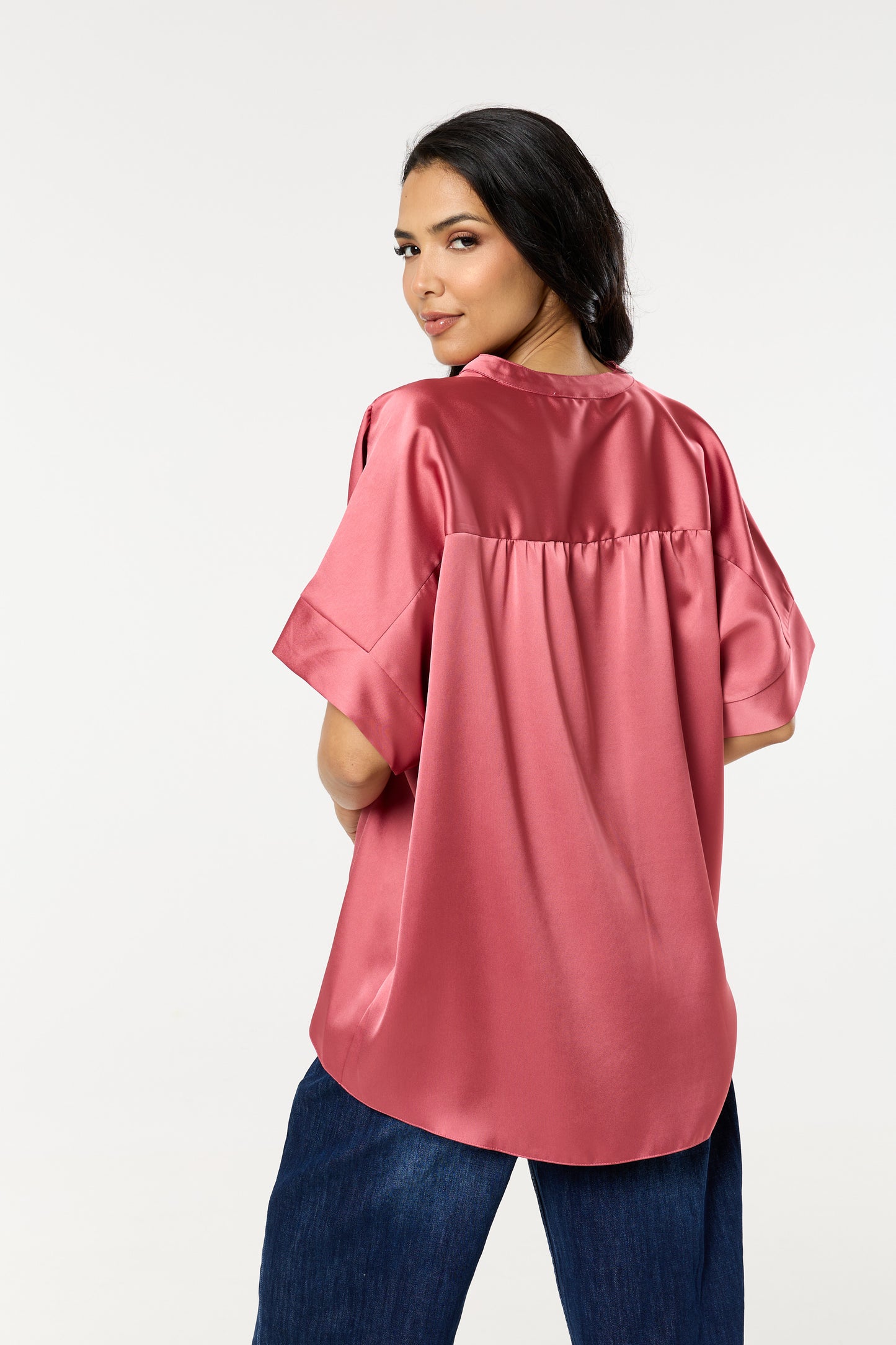 
                  
                    Pink Satin V-Neck Short Sleeve Top
                  
                