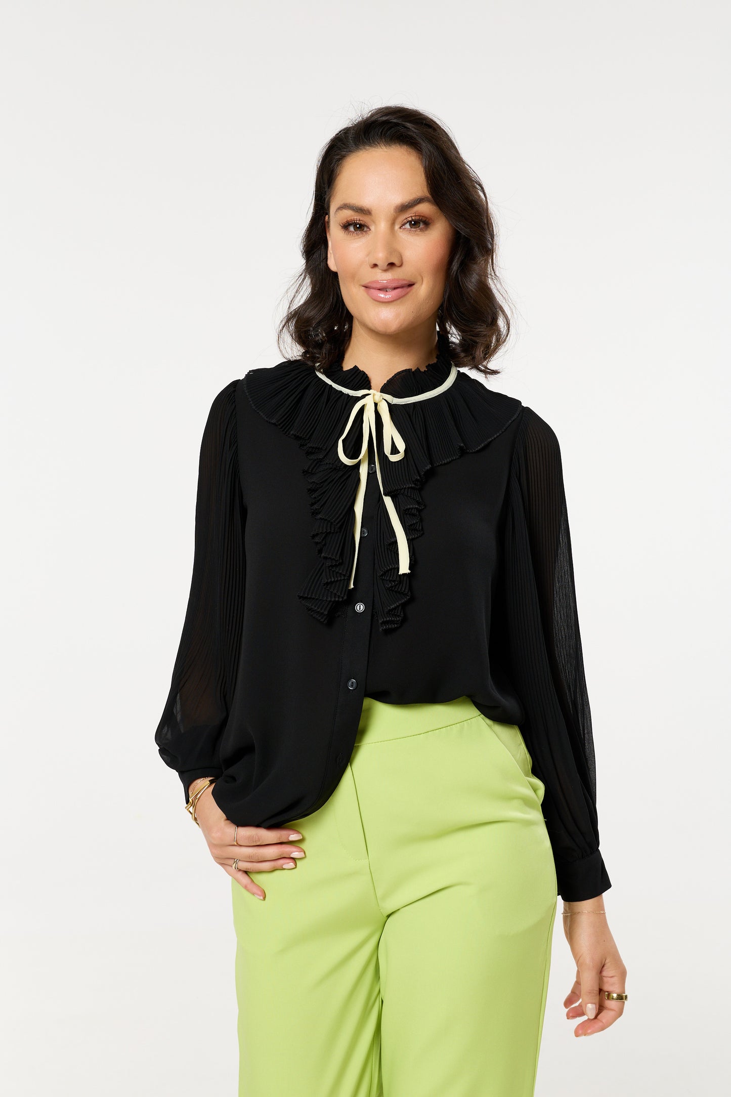 
                  
                    Black Ruffle Tie-Neck Pleated Shirt
                  
                