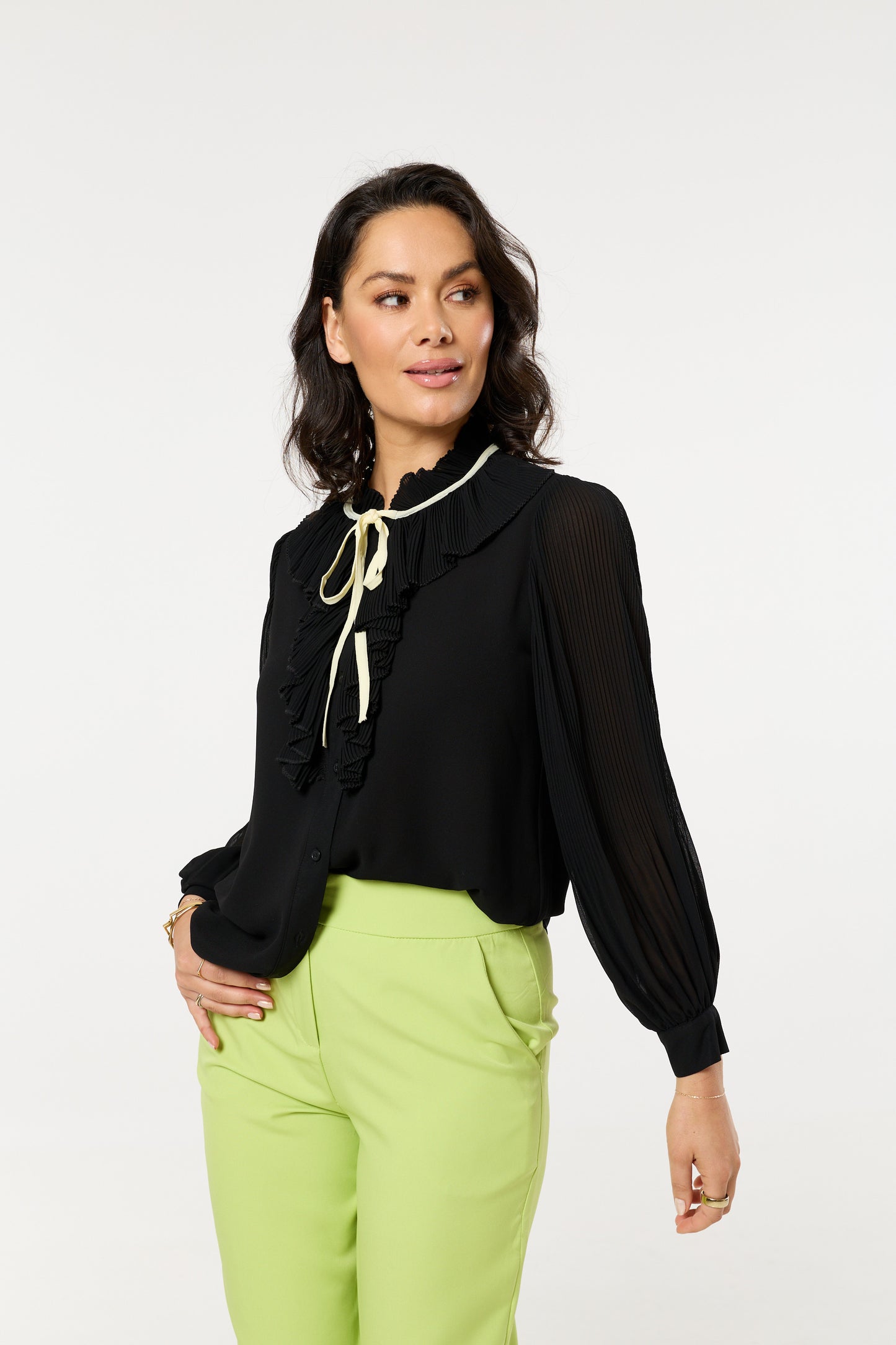 
                  
                    Black Ruffle Tie-Neck Pleated Shirt
                  
                