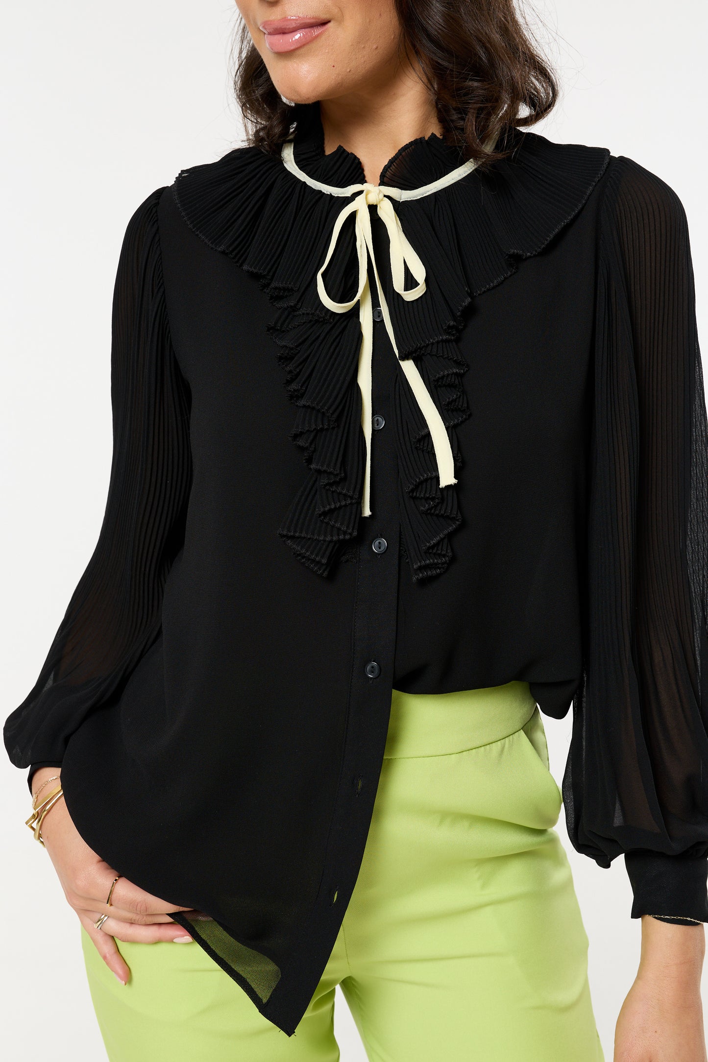 
                  
                    Black Ruffle Tie-Neck Pleated Shirt
                  
                