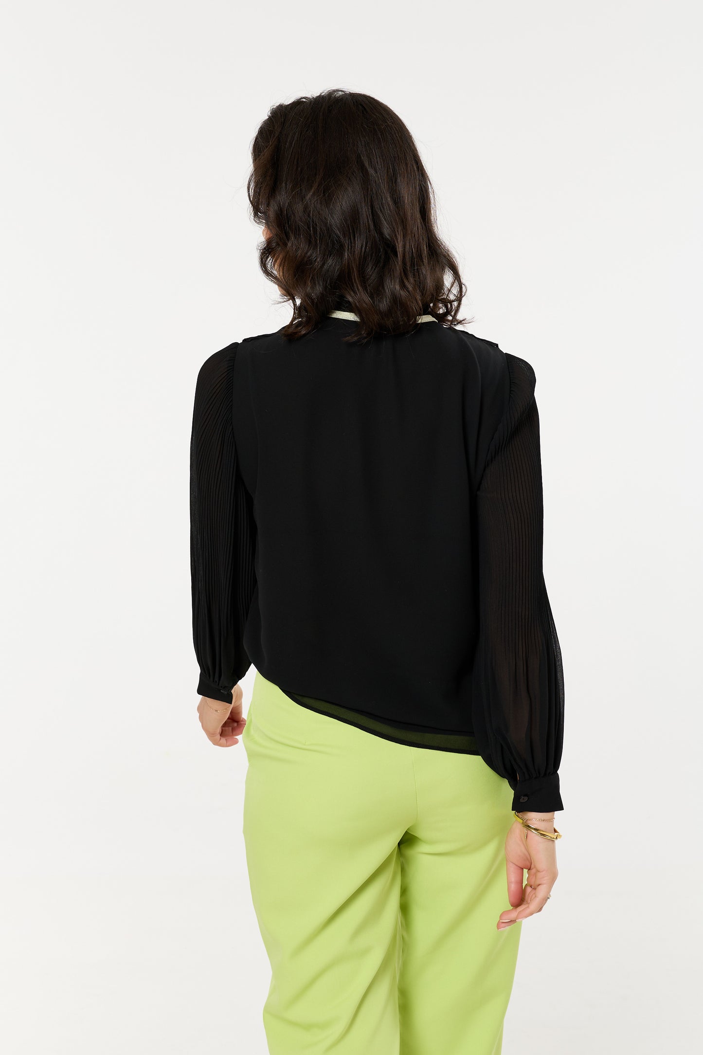 
                  
                    Black Ruffle Tie-Neck Pleated Shirt
                  
                