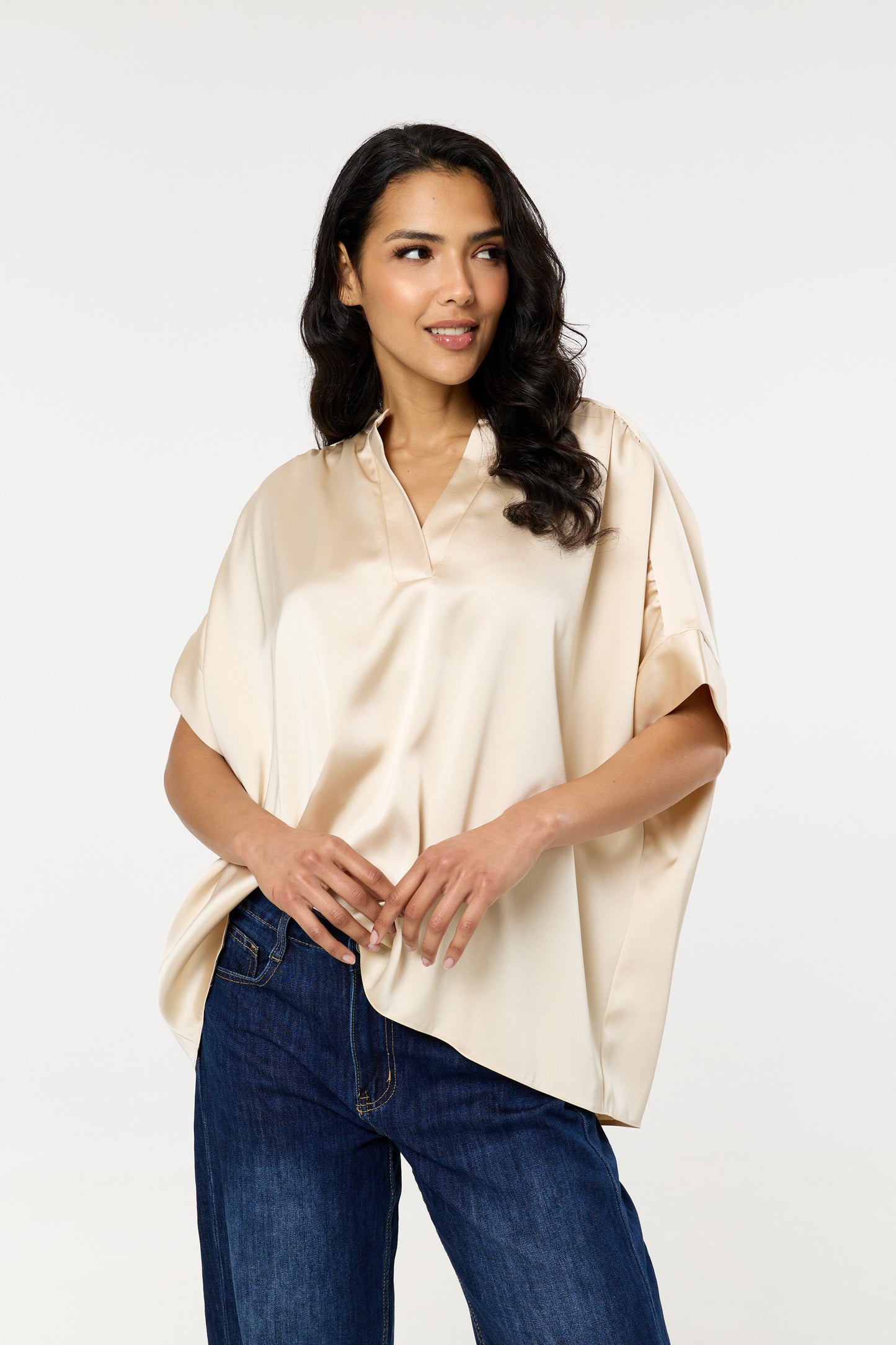 
                  
                    Cream Satin V-Neck Short Sleeve Top
                  
                