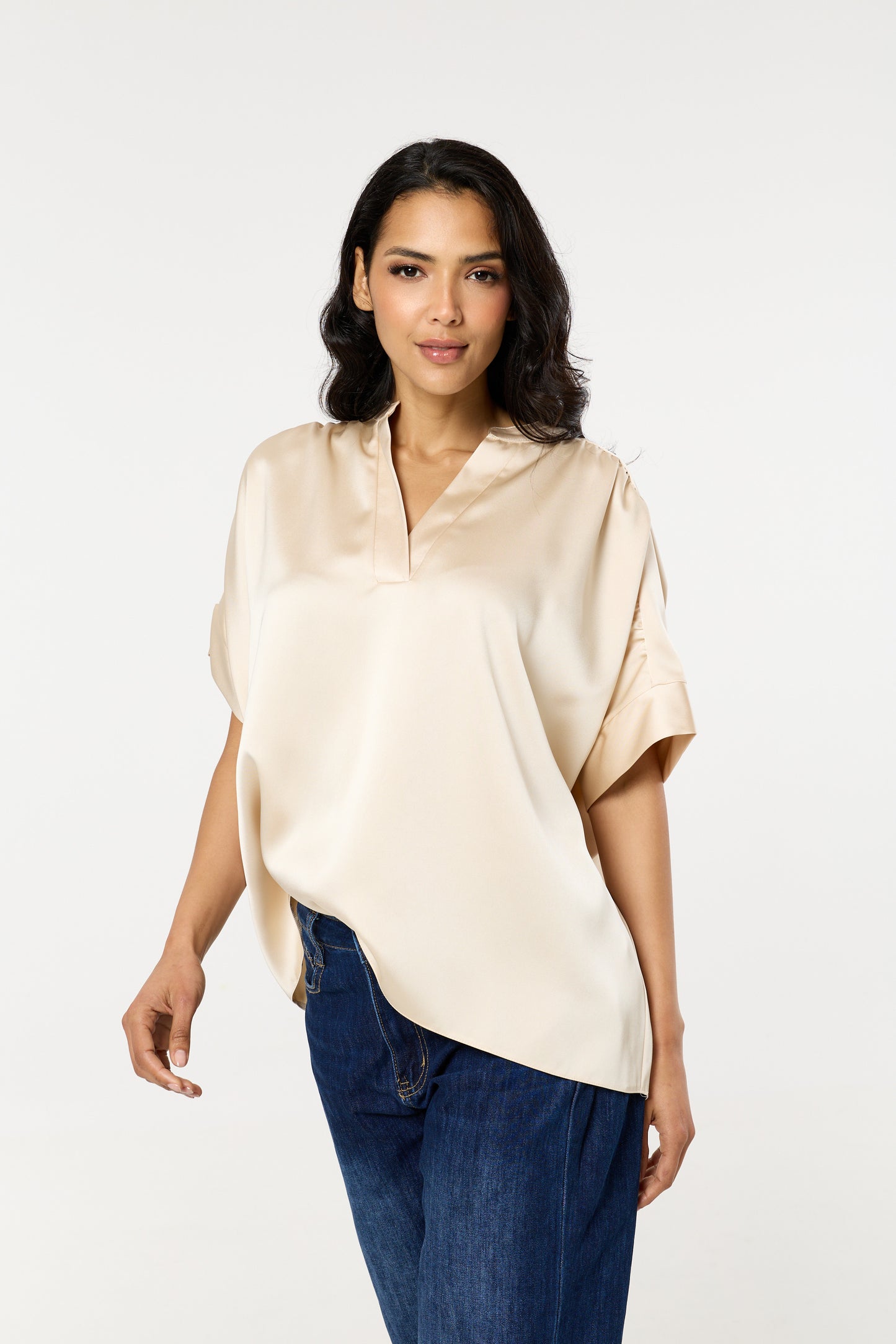
                  
                    Cream Satin V-Neck Short Sleeve Top
                  
                