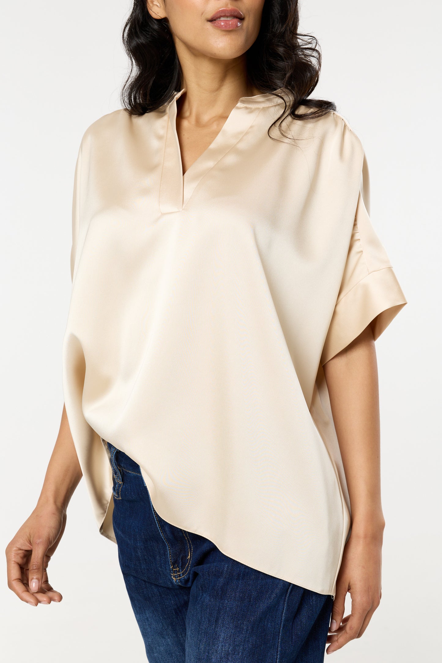 
                  
                    Cream Satin V-Neck Short Sleeve Top
                  
                