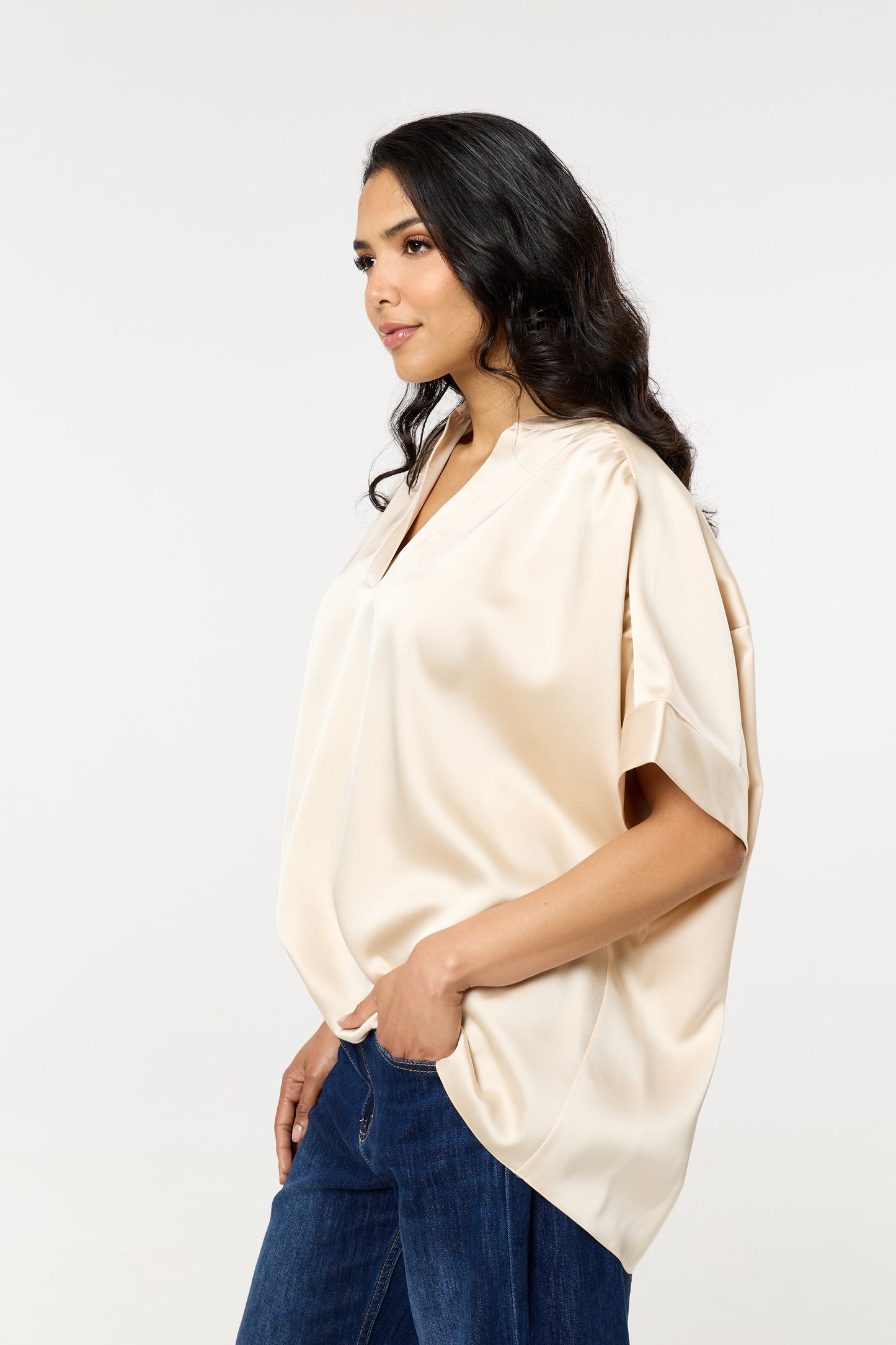 
                  
                    Cream Satin V-Neck Short Sleeve Top
                  
                