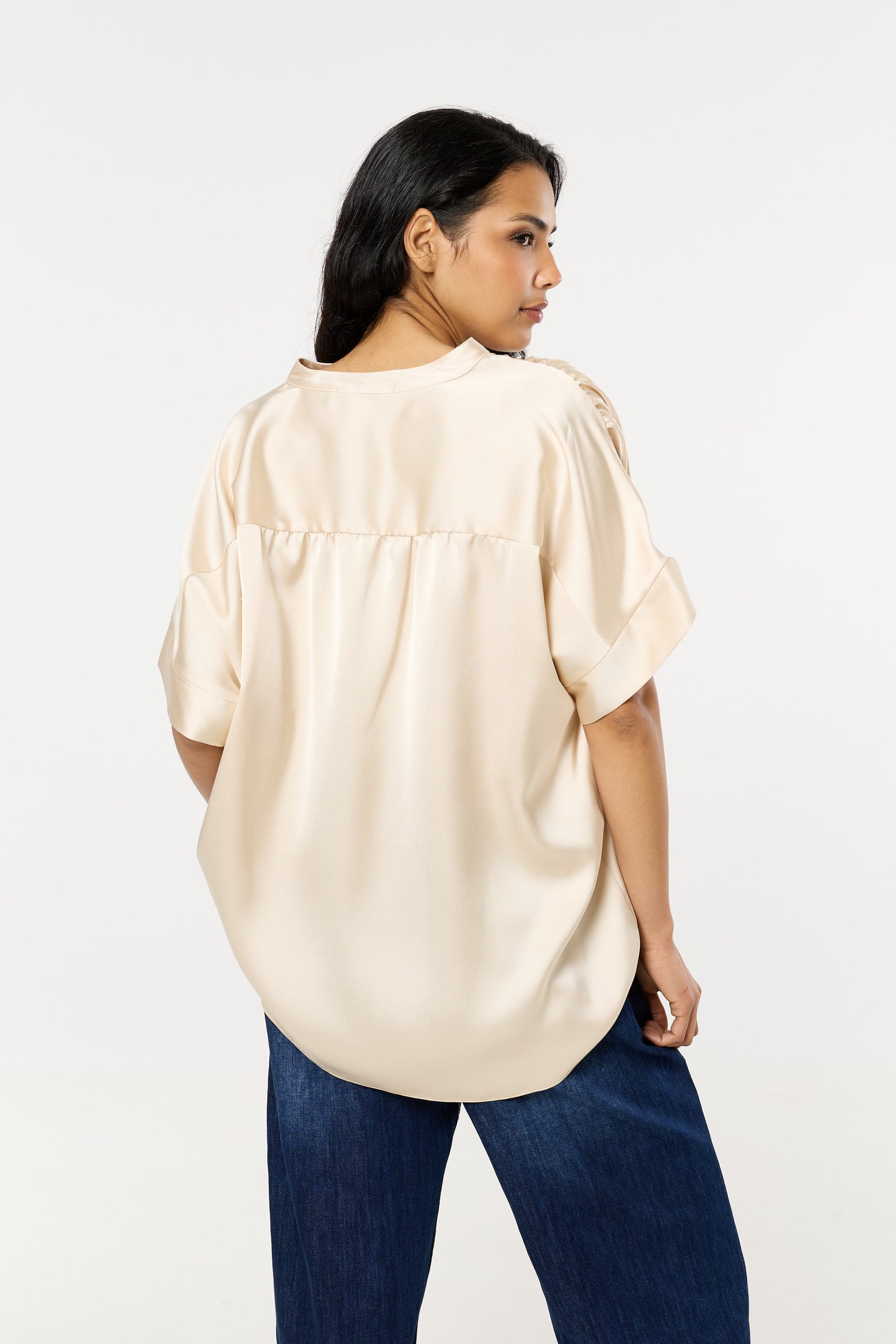 
                  
                    Cream Satin V-Neck Short Sleeve Top
                  
                