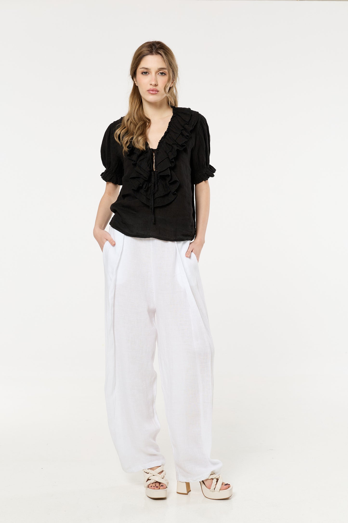
                  
                    Black Ruffle Tie Front Linen Blouse
                  
                