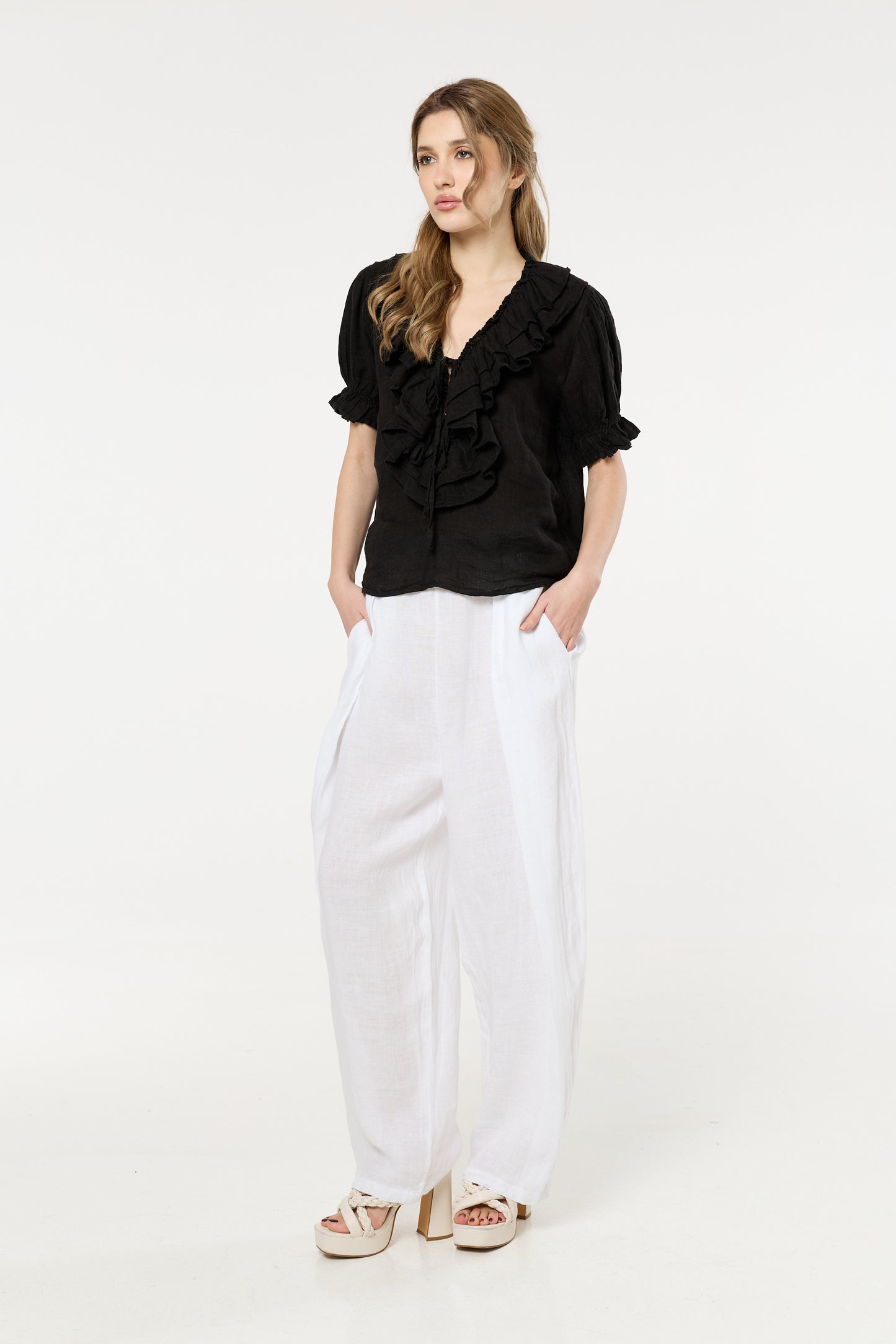 
                  
                    Black Ruffle Tie Front Linen Blouse
                  
                