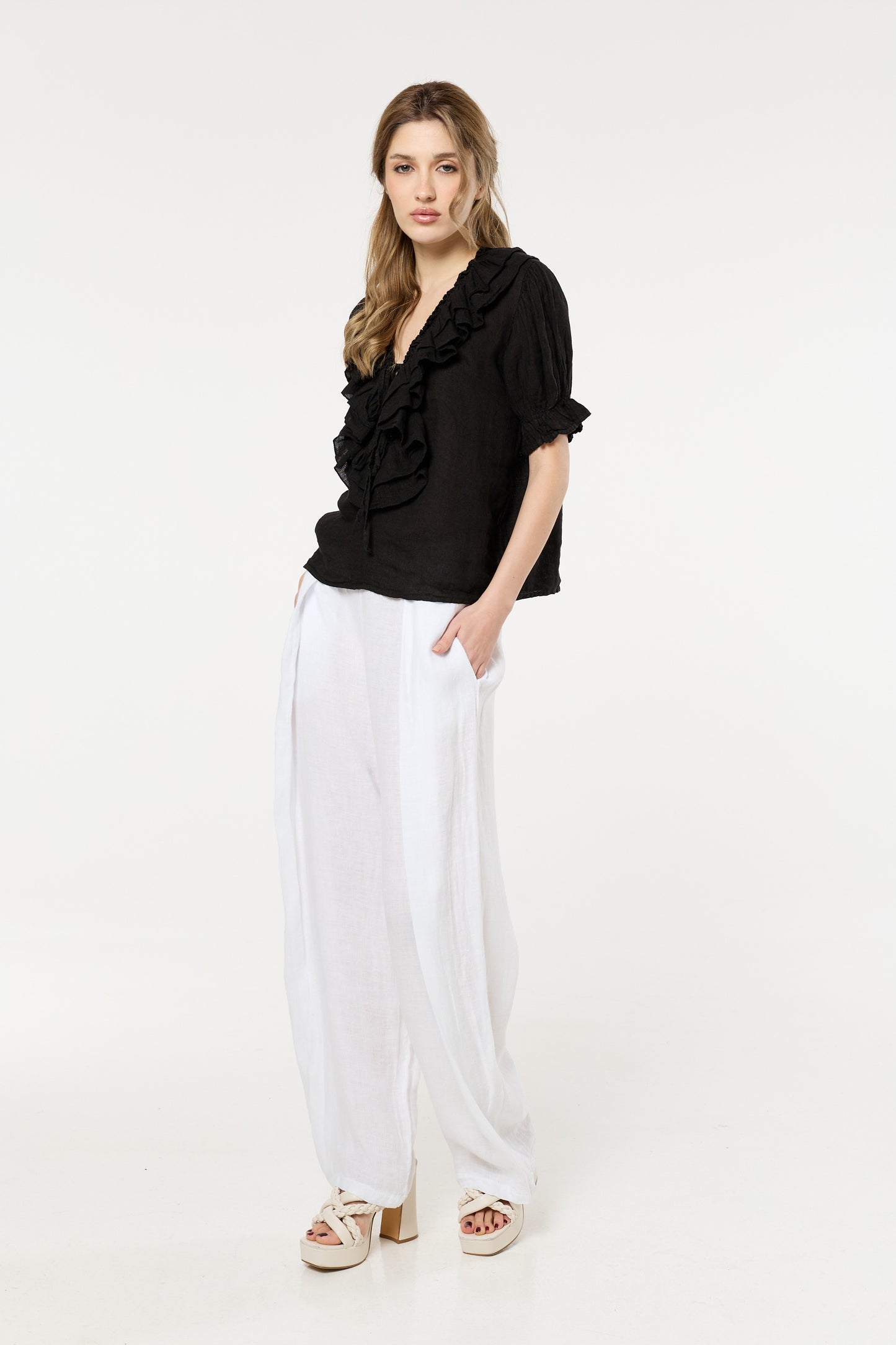 
                  
                    Black Ruffle Tie Front Linen Blouse
                  
                