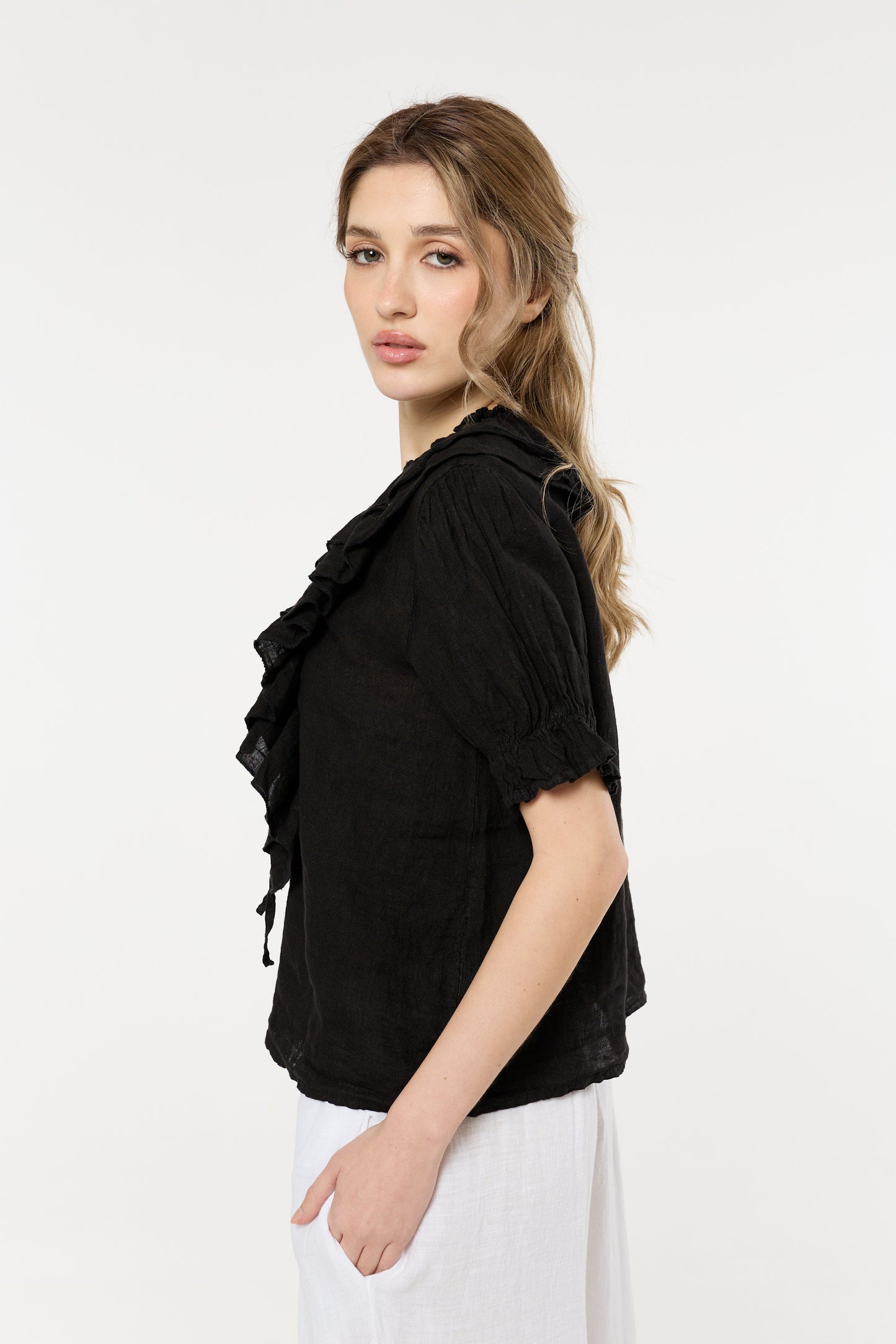 
                  
                    Black Ruffle Tie Front Linen Blouse
                  
                
