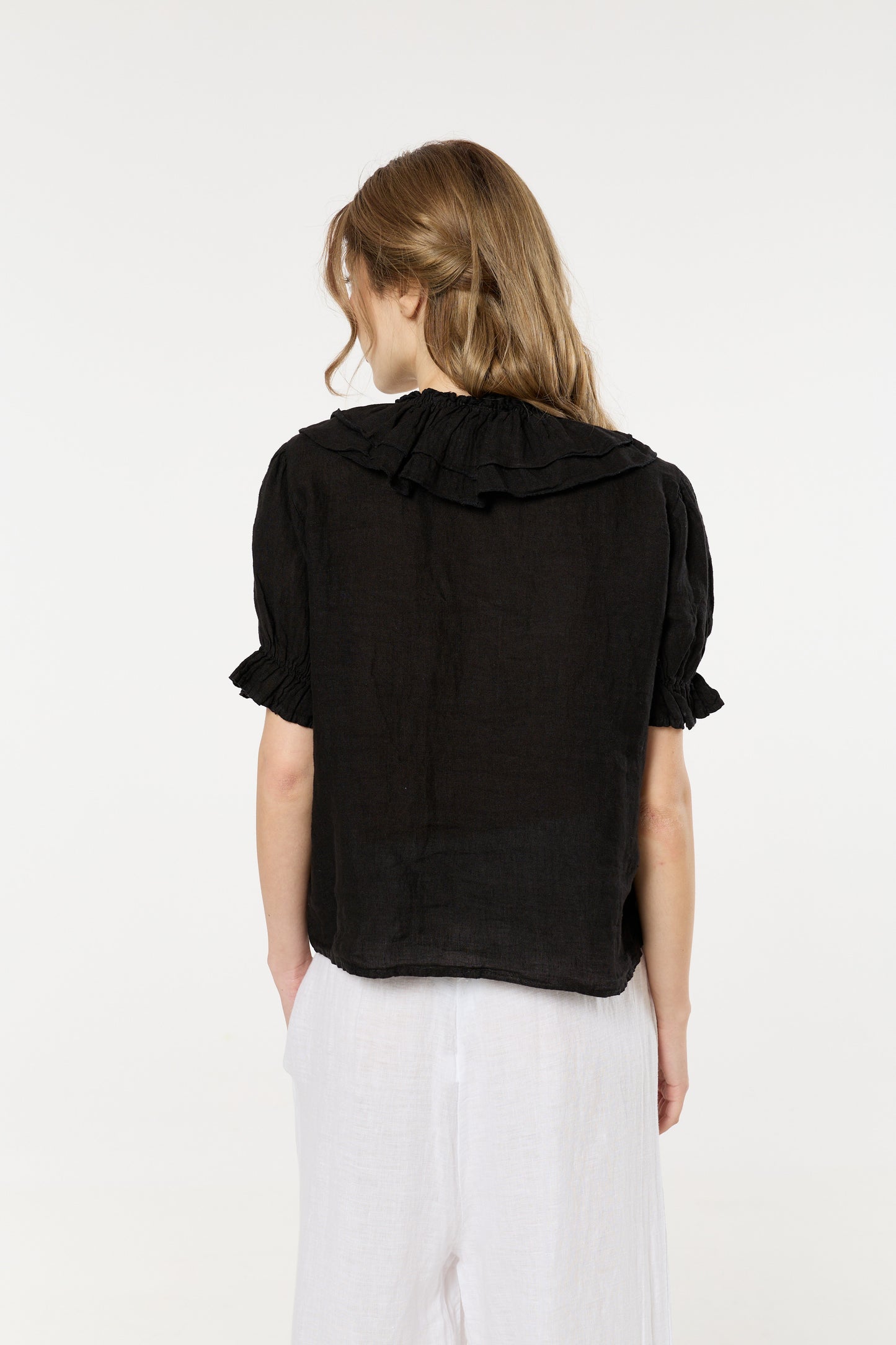 
                  
                    Black Ruffle Tie Front Linen Blouse
                  
                