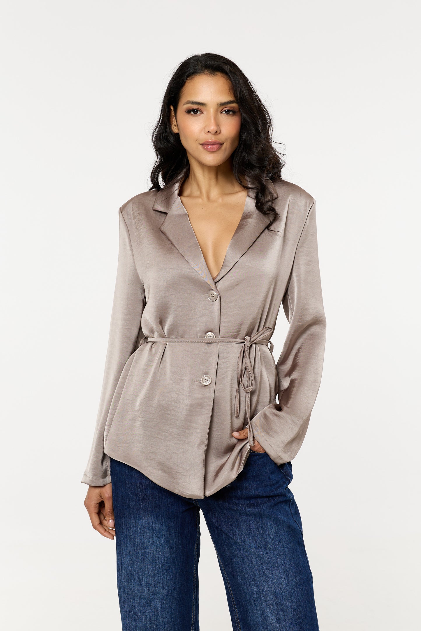 
                  
                    Taupe Satin Belted Button Down Blazer
                  
                