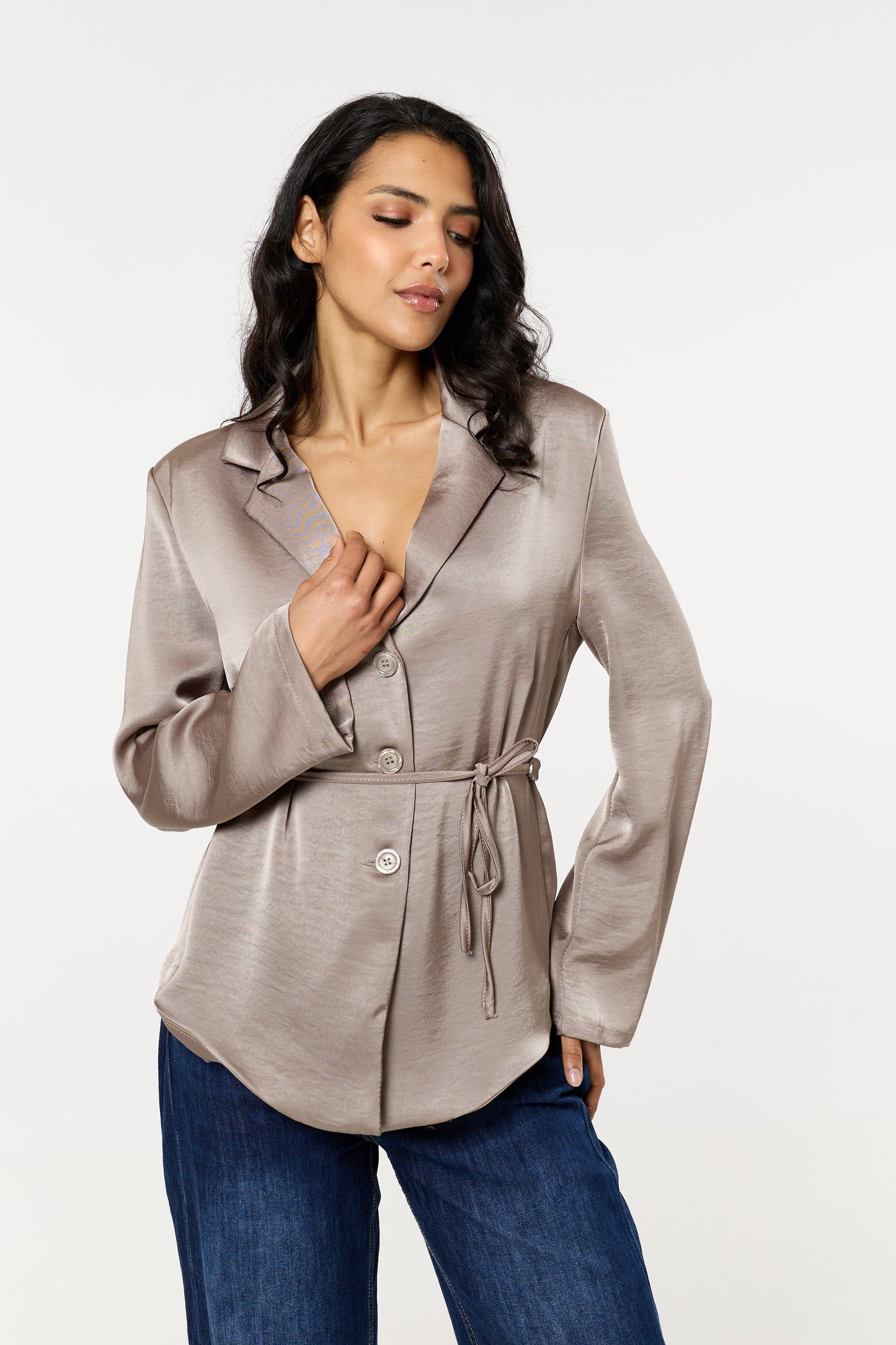 
                  
                    Taupe Satin Belted Button Down Blazer
                  
                