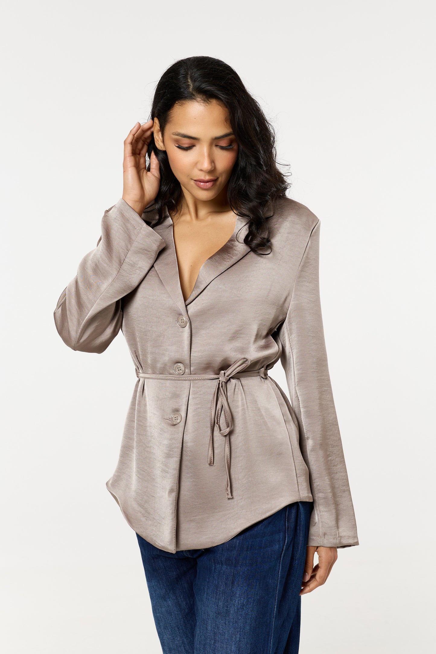 
                  
                    Taupe Satin Belted Button Down Blazer
                  
                