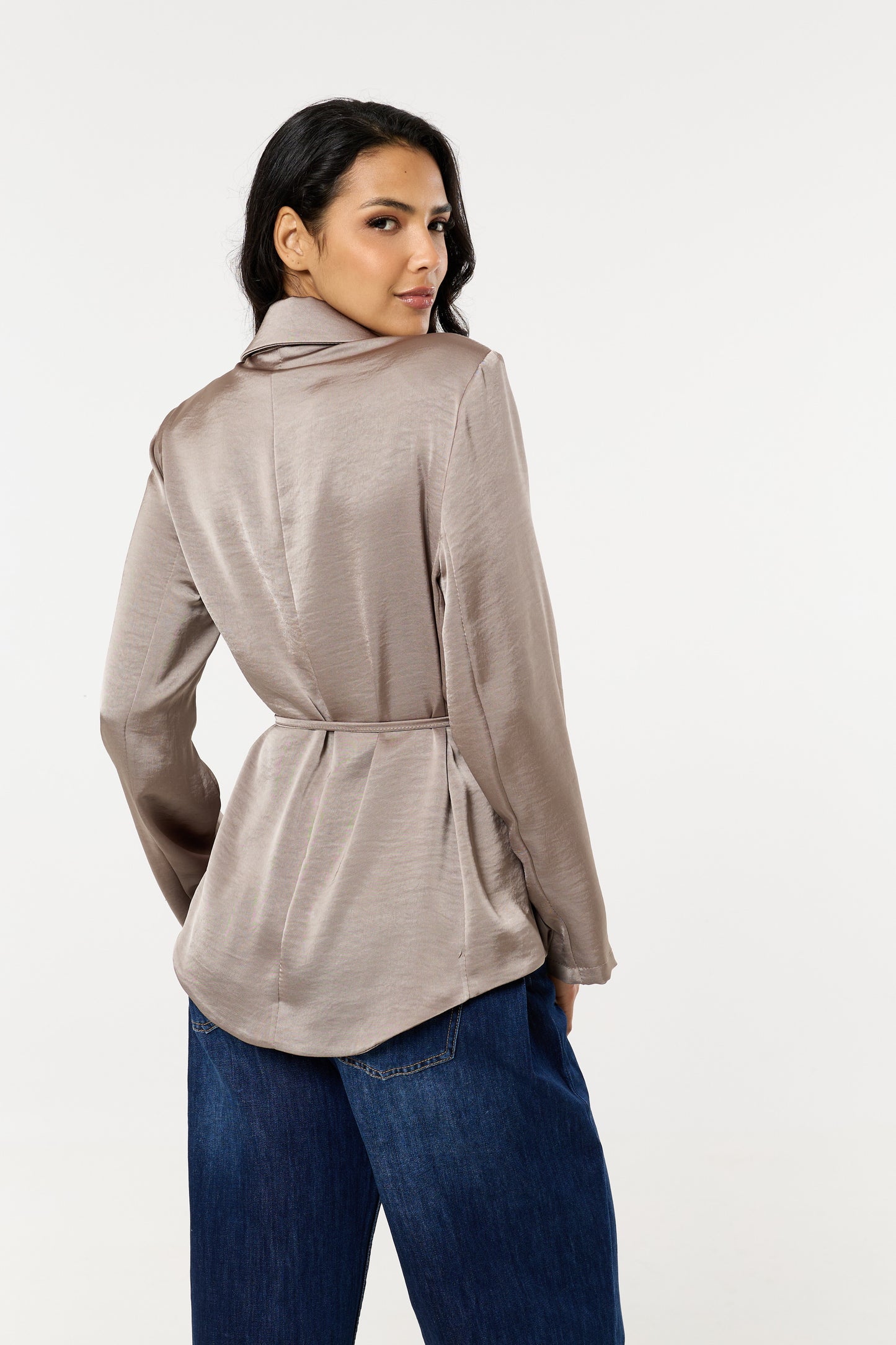 
                  
                    Taupe Satin Belted Button Down Blazer
                  
                