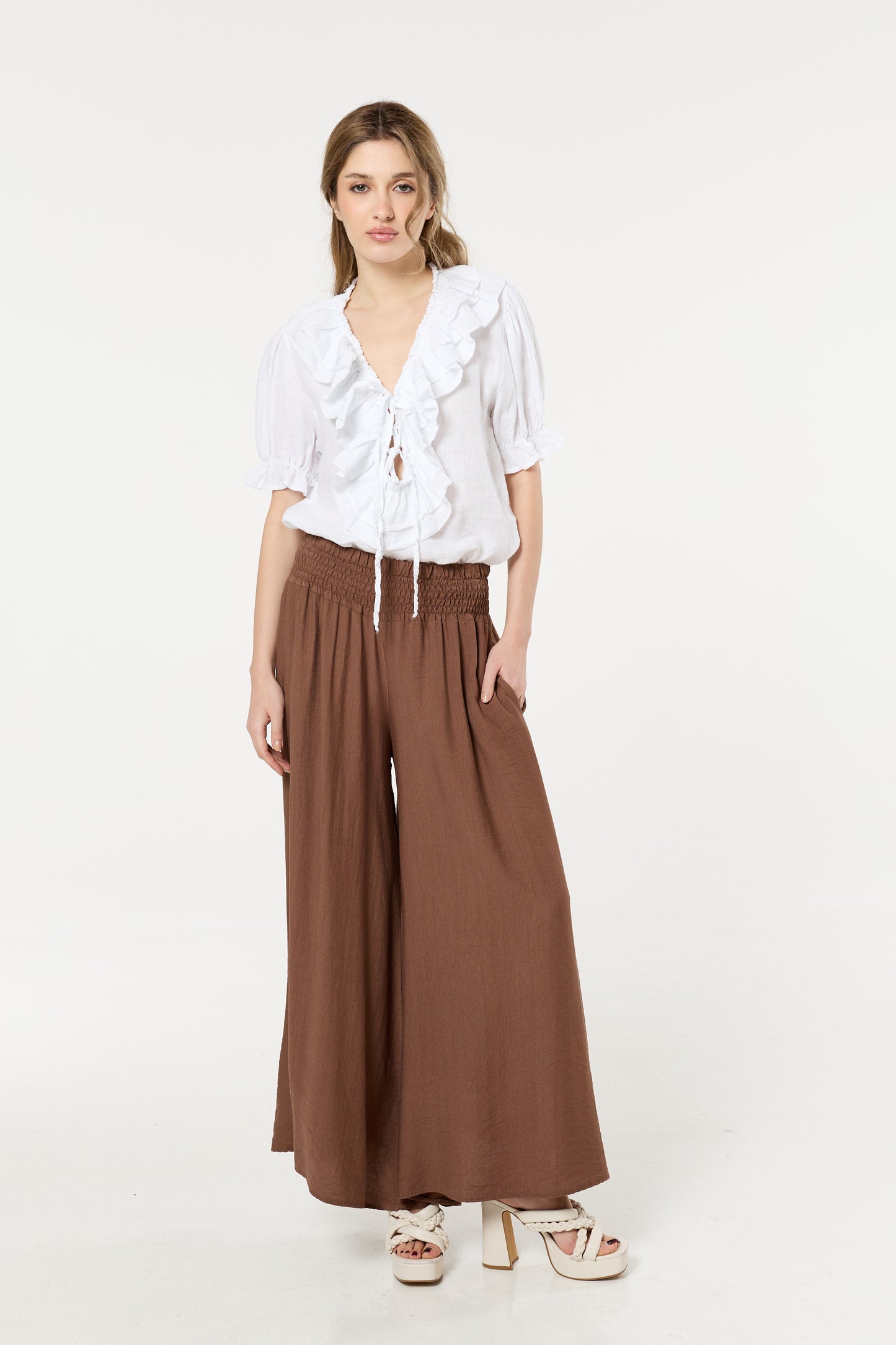 
                  
                    Brown Smocked Wide Leg Trousers
                  
                