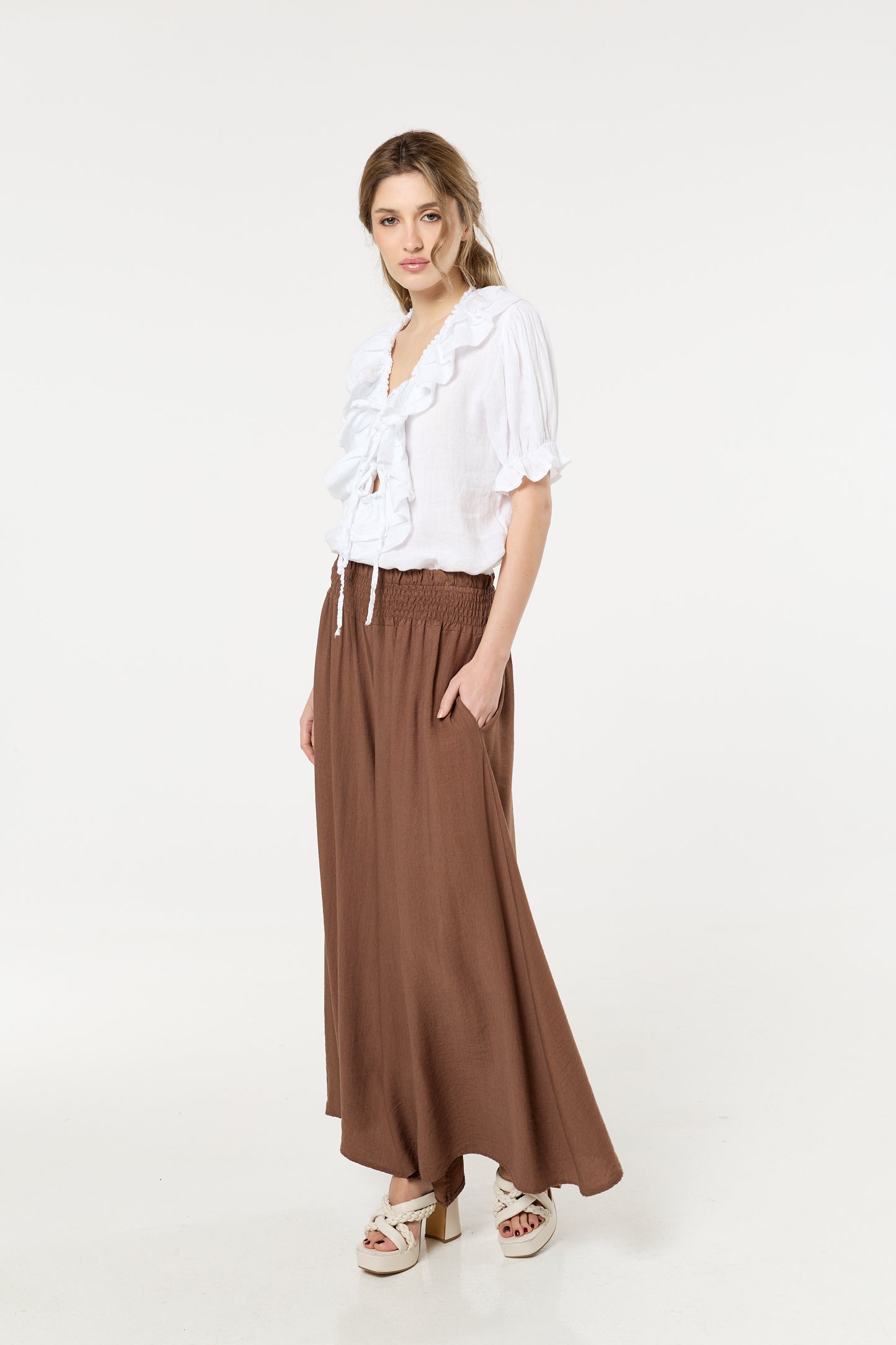 
                  
                    Brown Smocked Wide Leg Trousers
                  
                