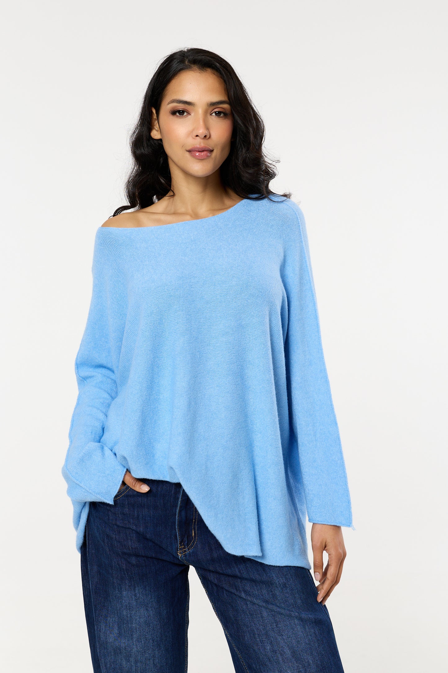 
                  
                    Sky Blue Off Shoulder Relaxed Knit Jumper
                  
                