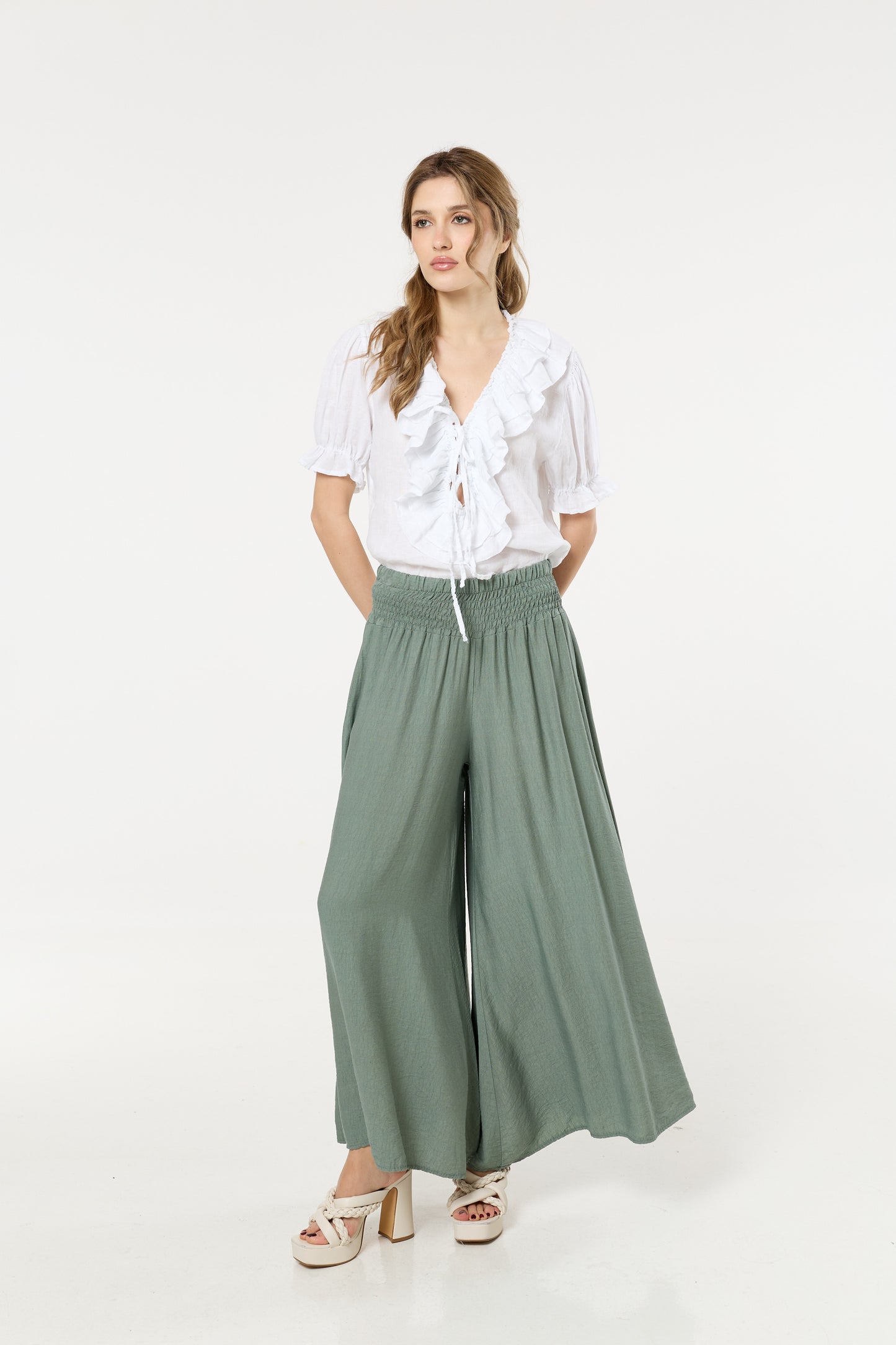 
                  
                    Green Smocked Wide Leg Trousers
                  
                