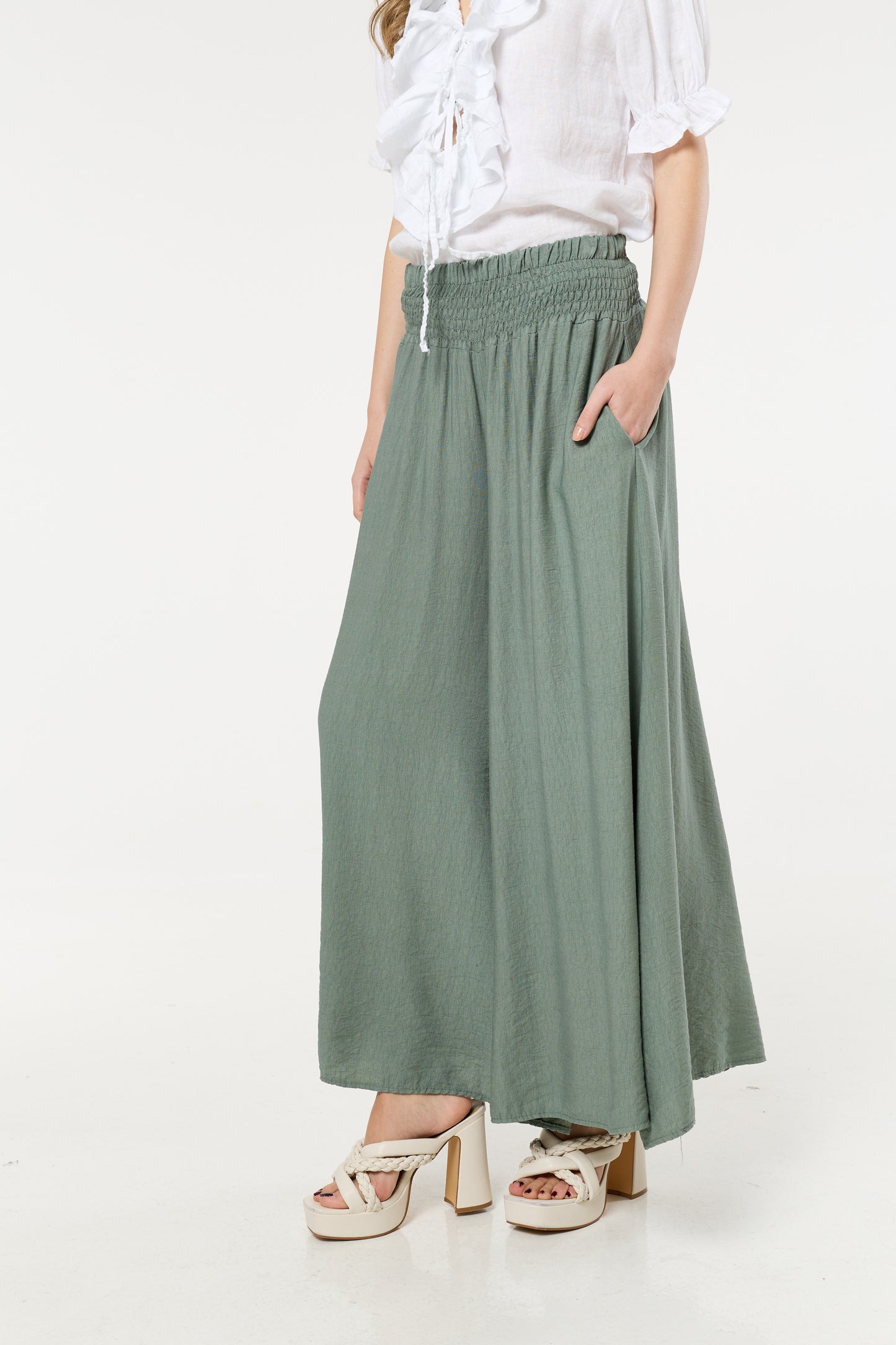 
                  
                    Green Smocked Wide Leg Trousers
                  
                