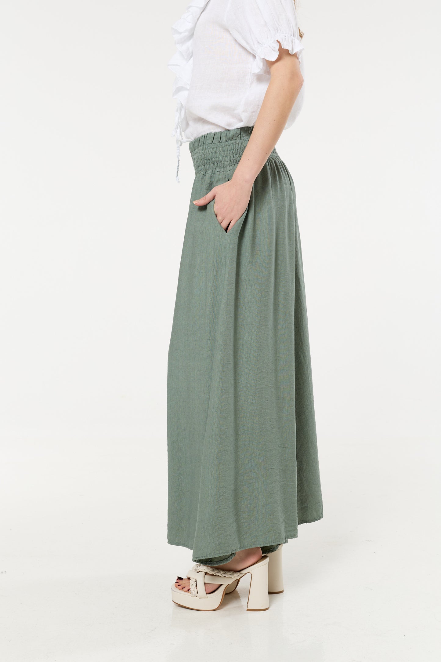 
                  
                    Green Smocked Wide Leg Trousers
                  
                