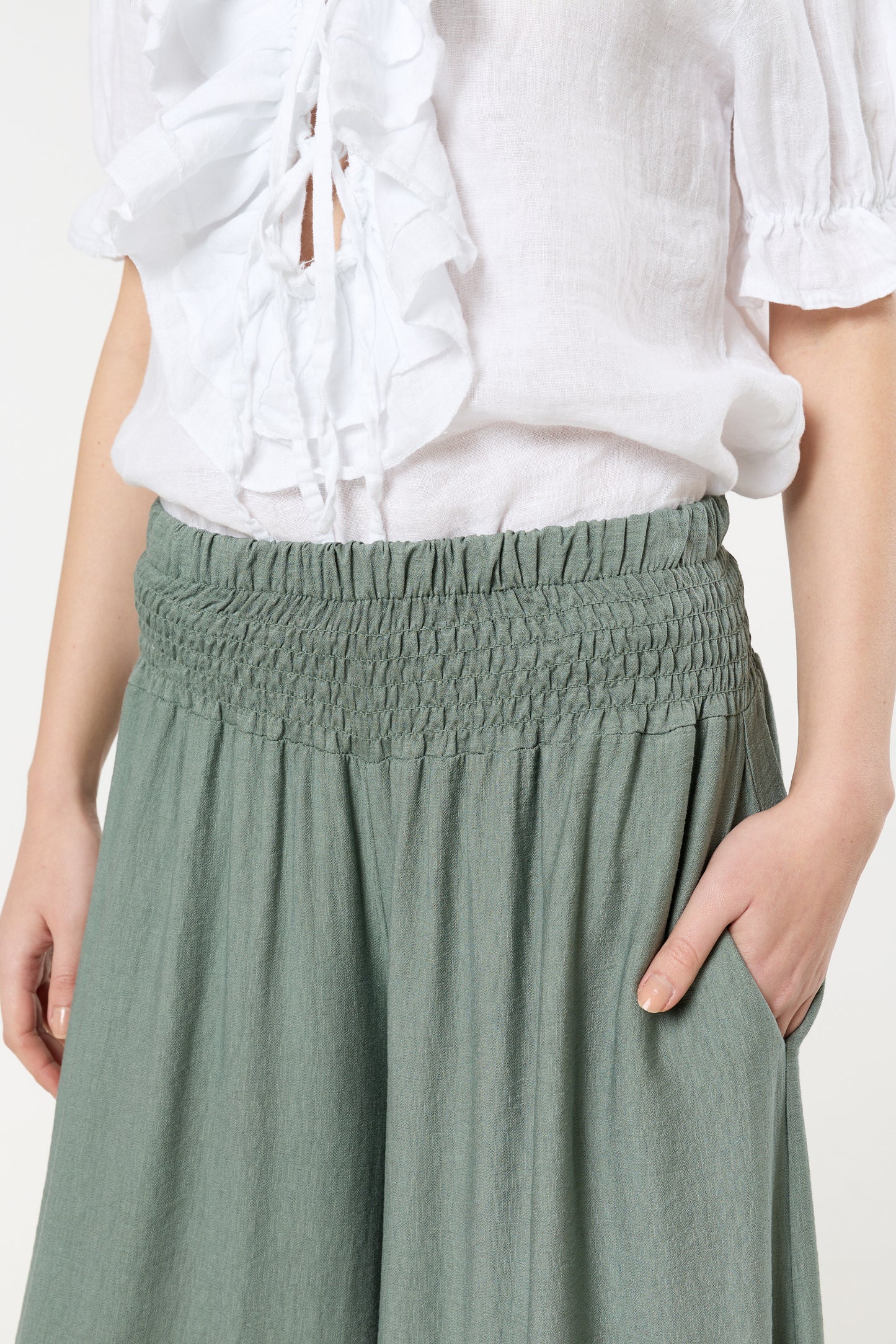 
                  
                    Green Smocked Wide Leg Trousers
                  
                
