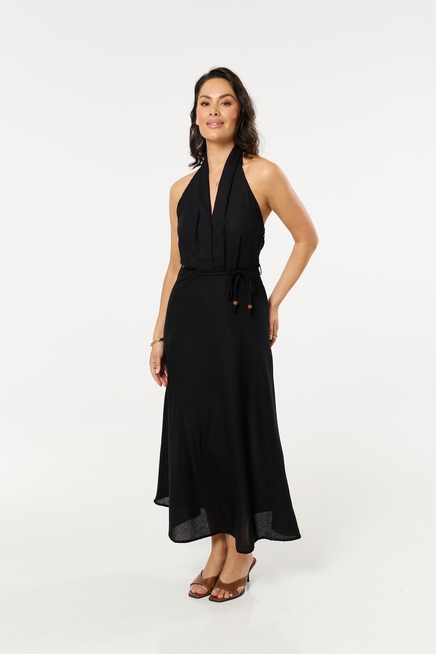 
                  
                    Black Linen Blend Halter Neck Tie Waist Maxi Dress
                  
                