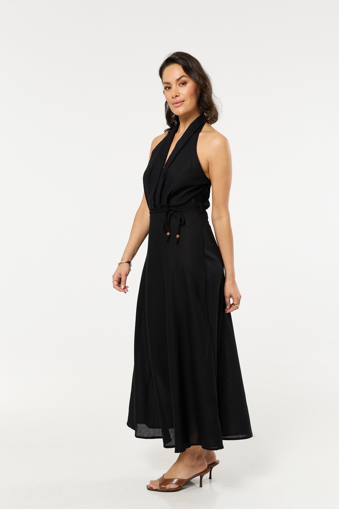 
                  
                    Black Linen Blend Halter Neck Tie Waist Maxi Dress
                  
                