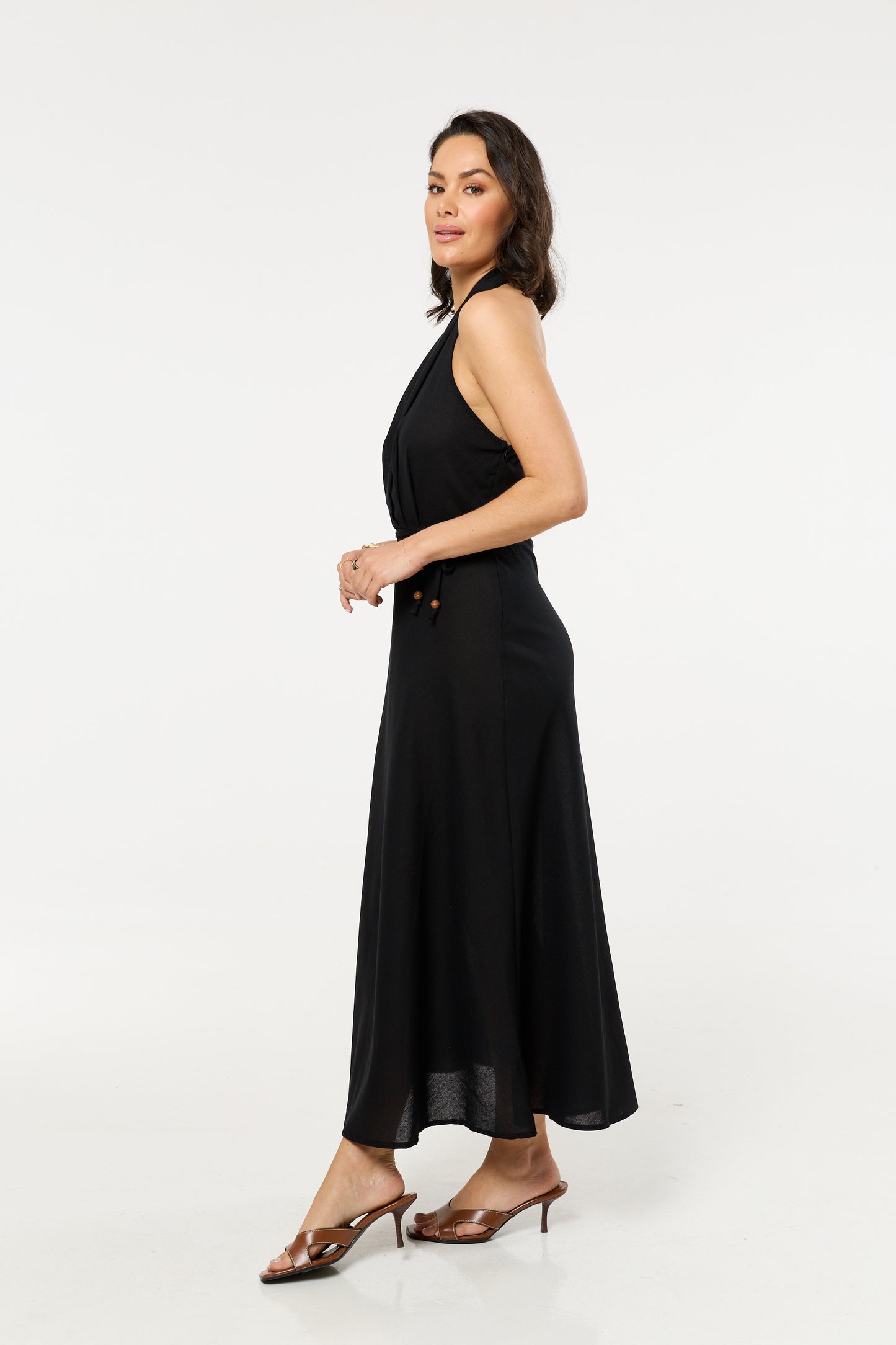 
                  
                    Black Linen Blend Halter Neck Tie Waist Maxi Dress
                  
                